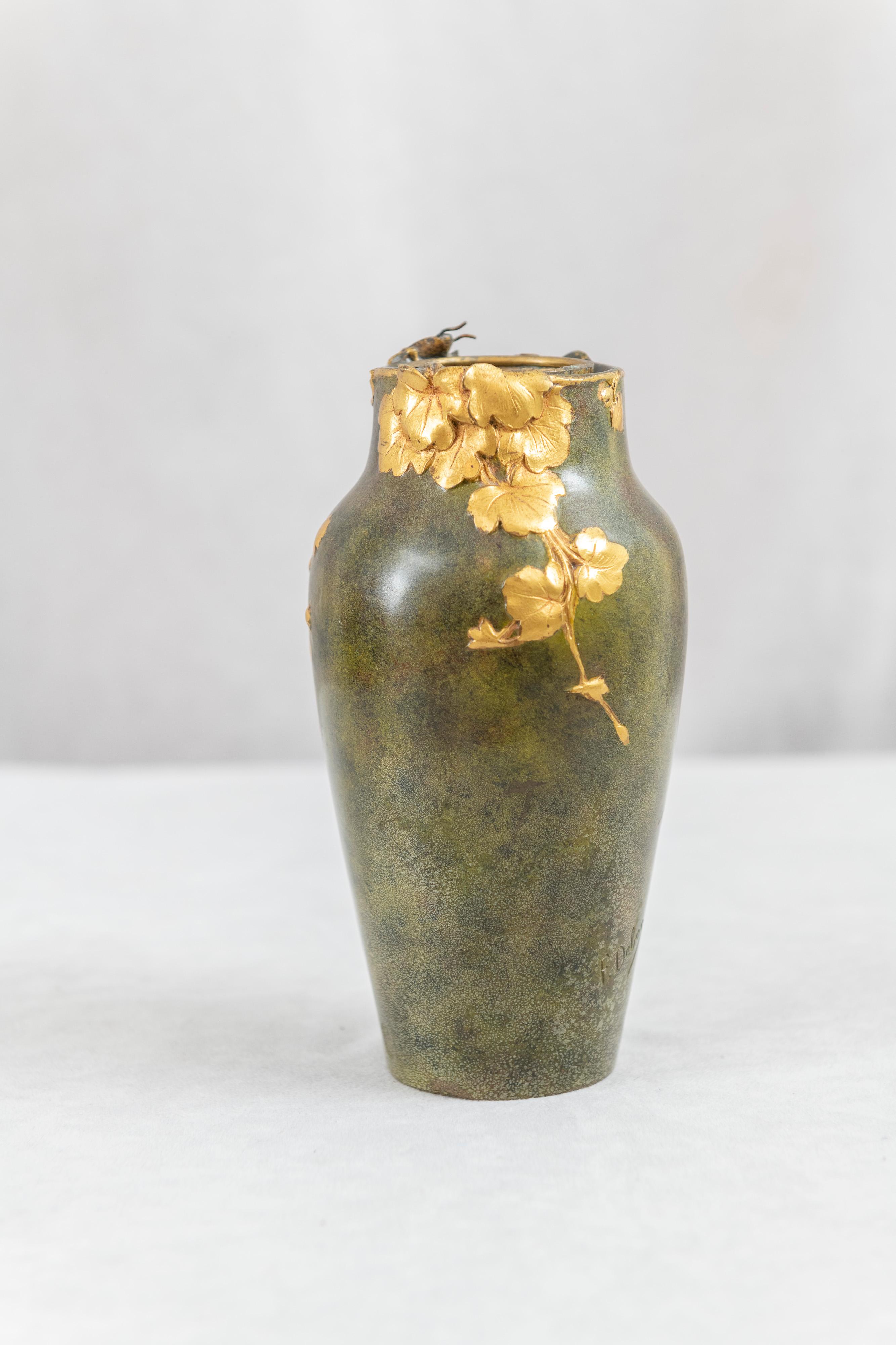 French Antique Art Nouveau Gilt and Patinated Bronze Vase, Artist Signed