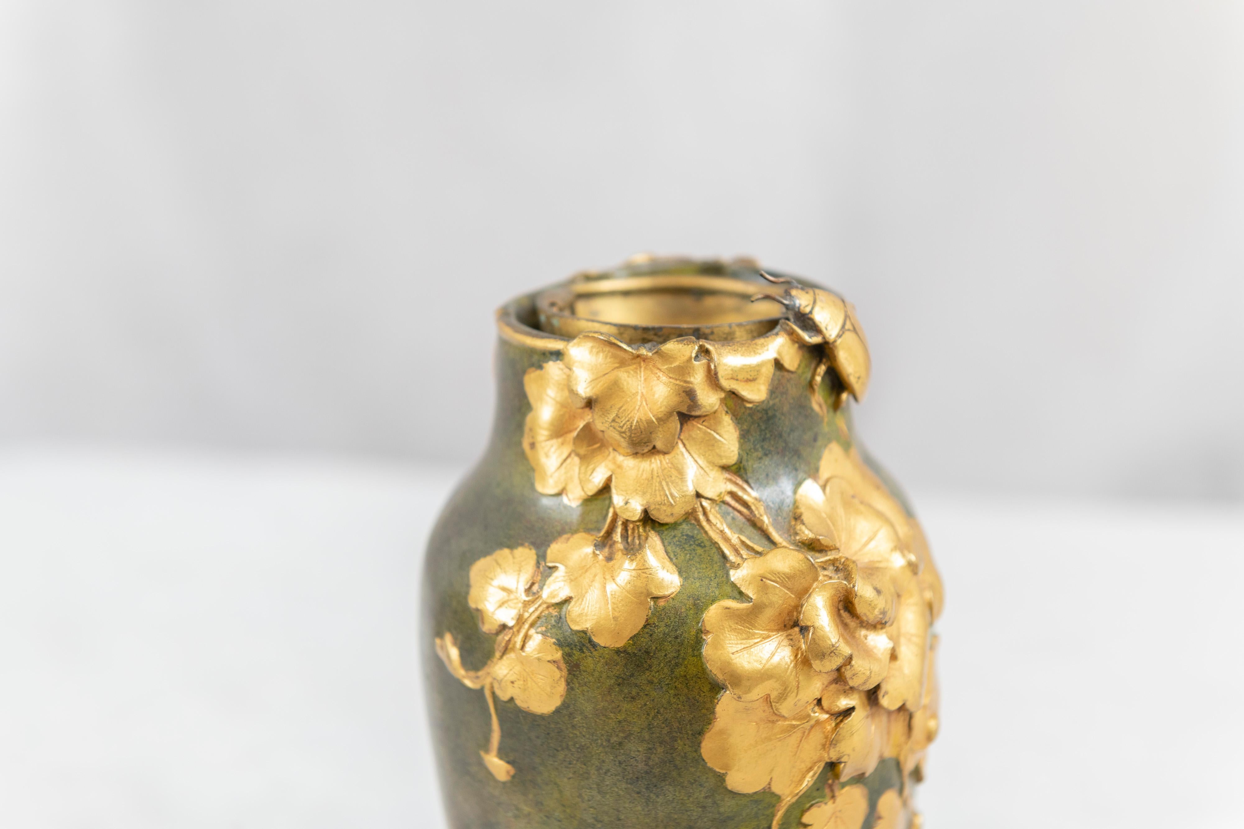 Antique Art Nouveau Gilt and Patinated Bronze Vase, Artist Signed In Good Condition In Petaluma, CA