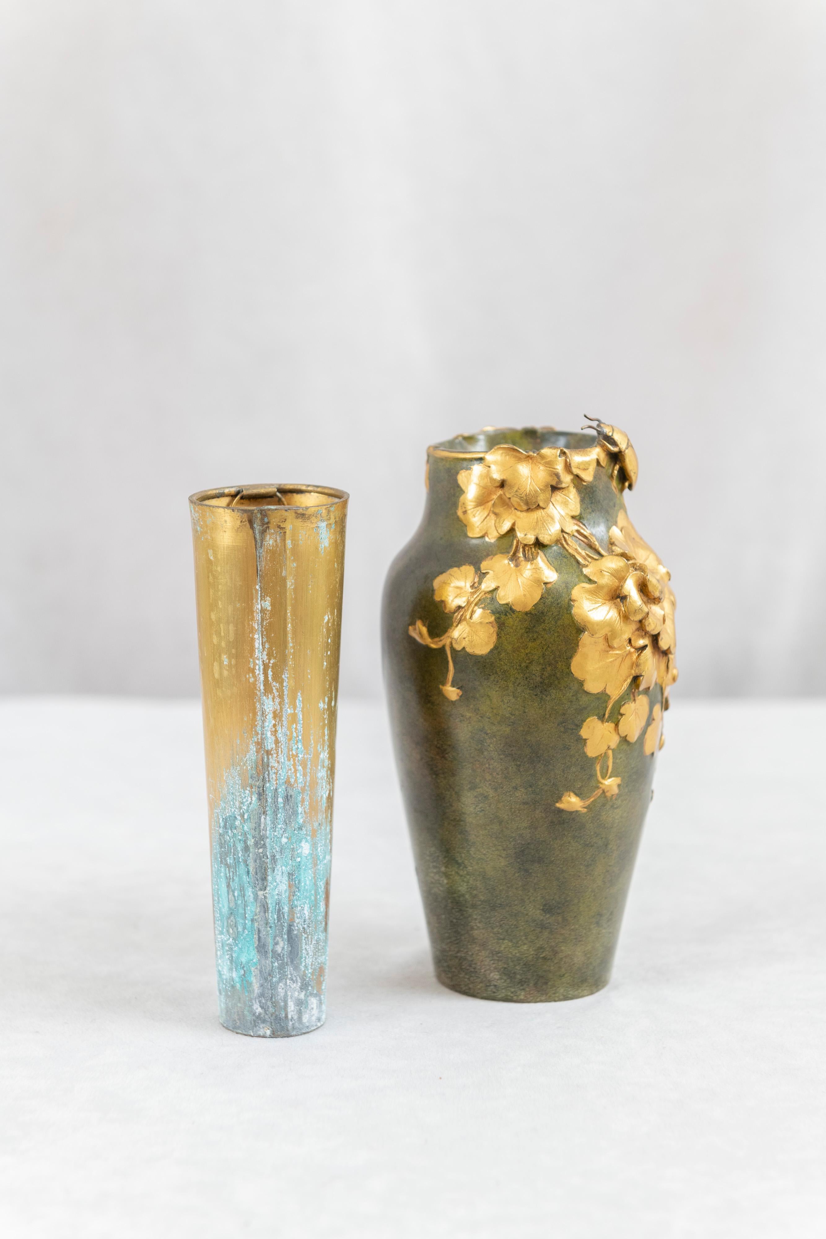 19th Century Antique Art Nouveau Gilt and Patinated Bronze Vase, Artist Signed