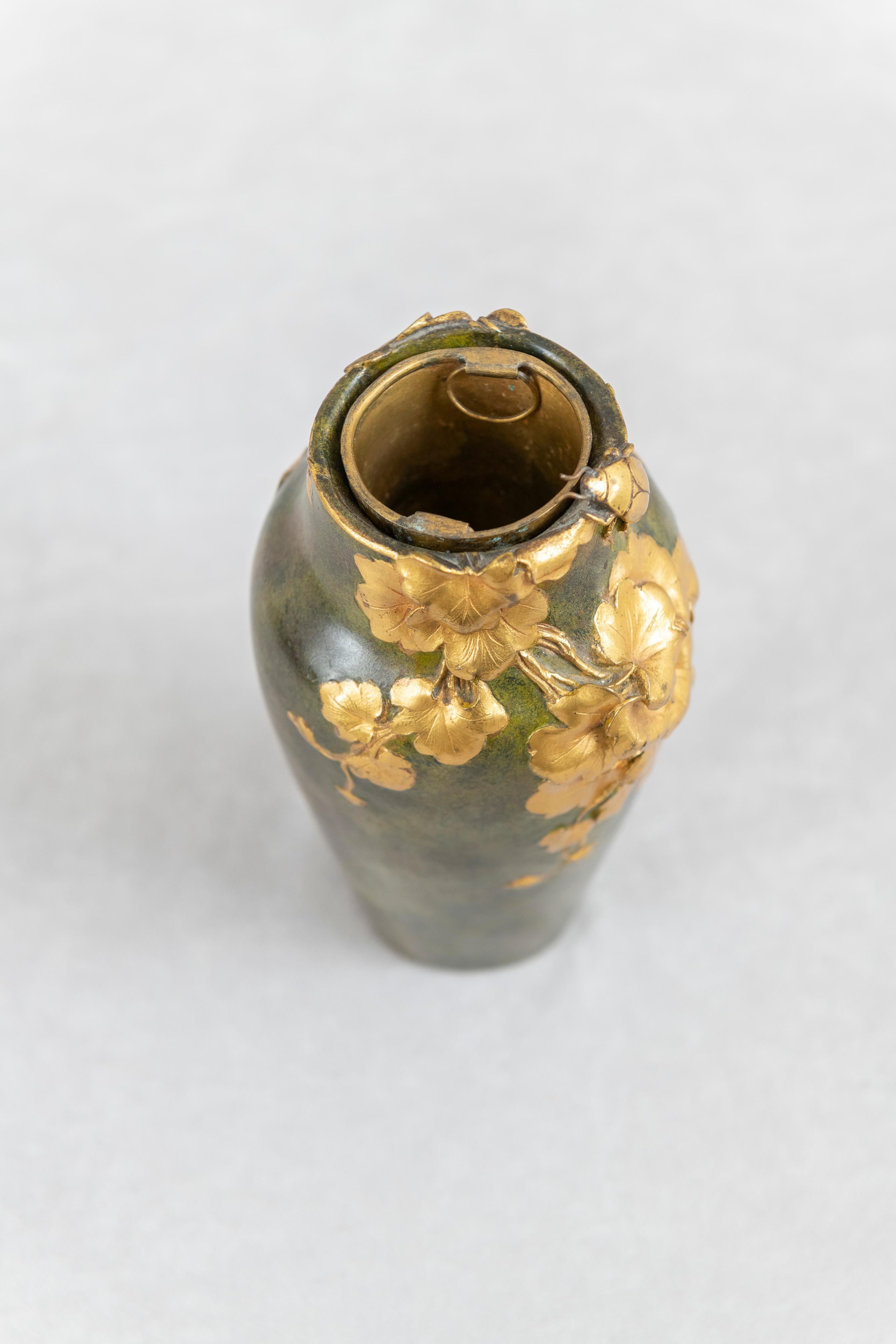 Antique Art Nouveau Gilt and Patinated Bronze Vase, Artist Signed 1