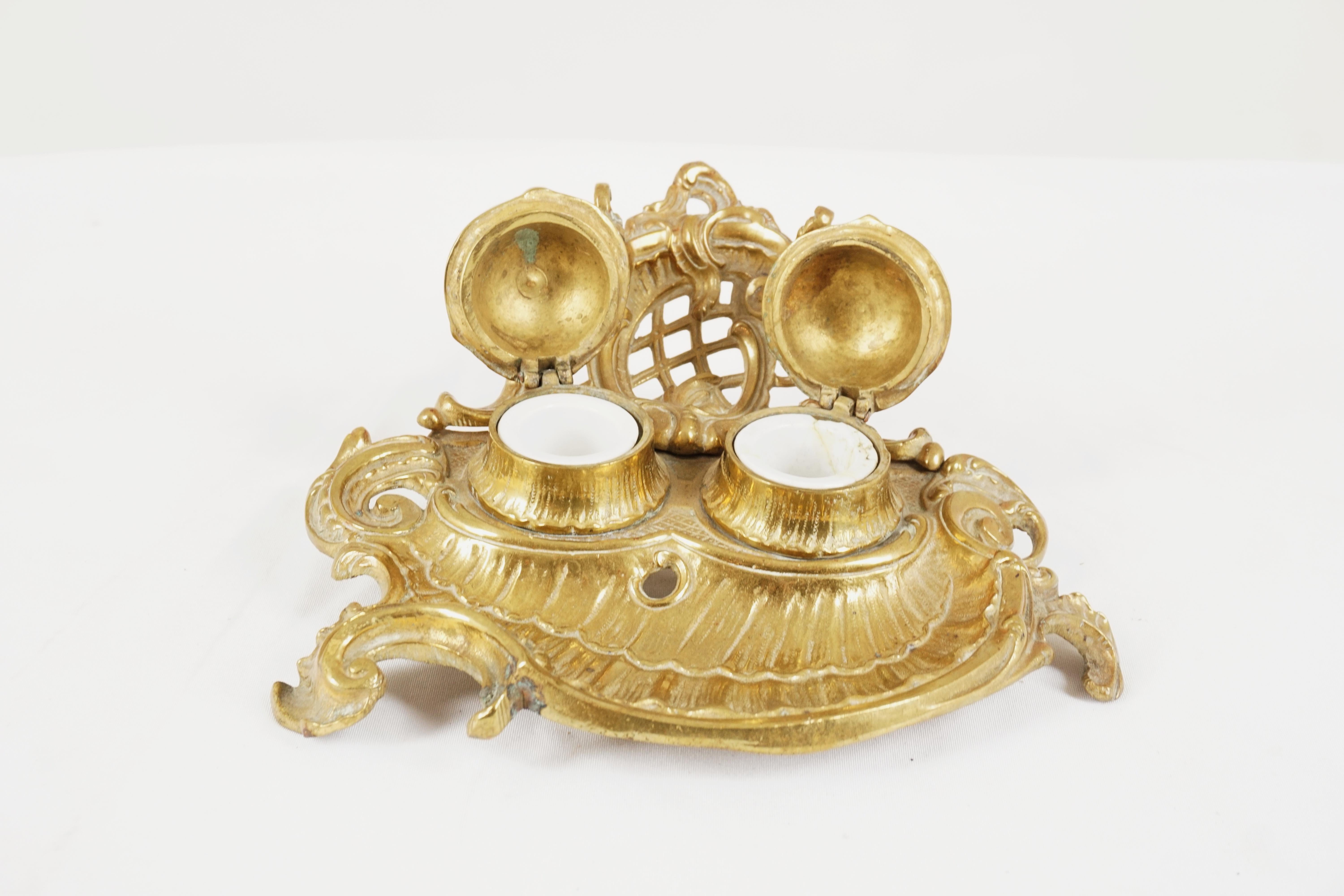Antique Art Nouveau Gilt Bronze & Brose Double Inkstand, Scotland 1910, H547 In Good Condition For Sale In Vancouver, BC