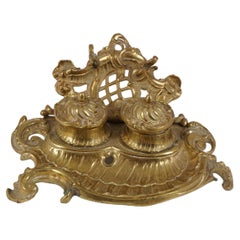 Antiguo Tintero Doble Art Nouveau de Bronce Dorado y Brose, Escocia 1910, H547