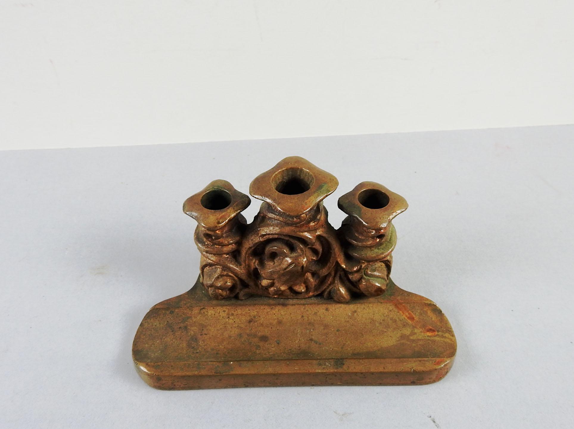 Antique gilt bronze pen holder with candle holders.  Ornate detailed art nouveau floral details, manufactured by The Netting Co. Detroit.  Overall patina, hole size .5