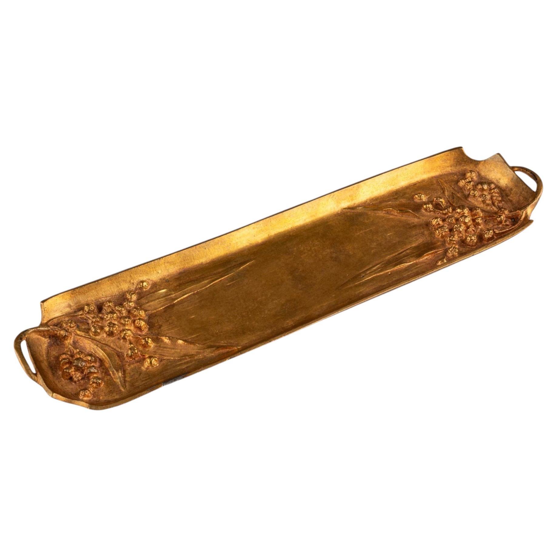 Ancien plateau de bureau Art Nouveau en laiton doré Porte-clefs Vide Poche