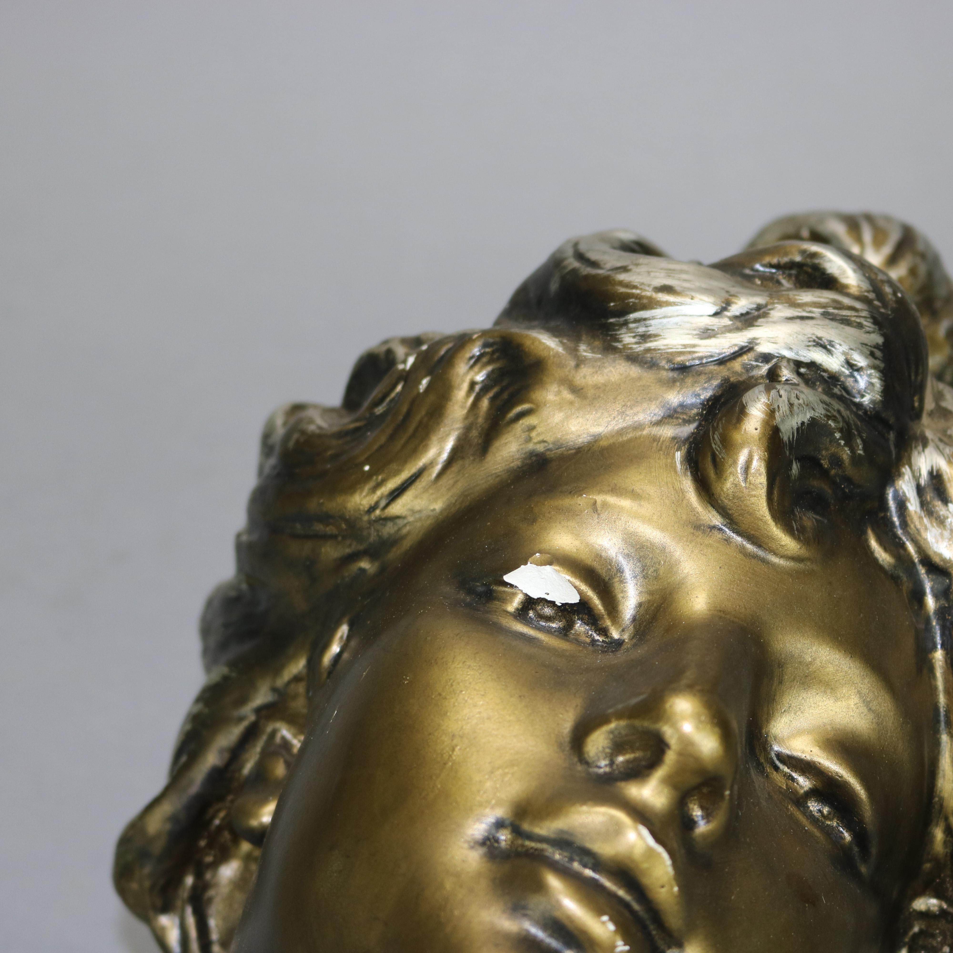 French Antique Art Nouveau Gilt Plaster Portrait Bust Sculpture of Woman, Circa 1910 For Sale