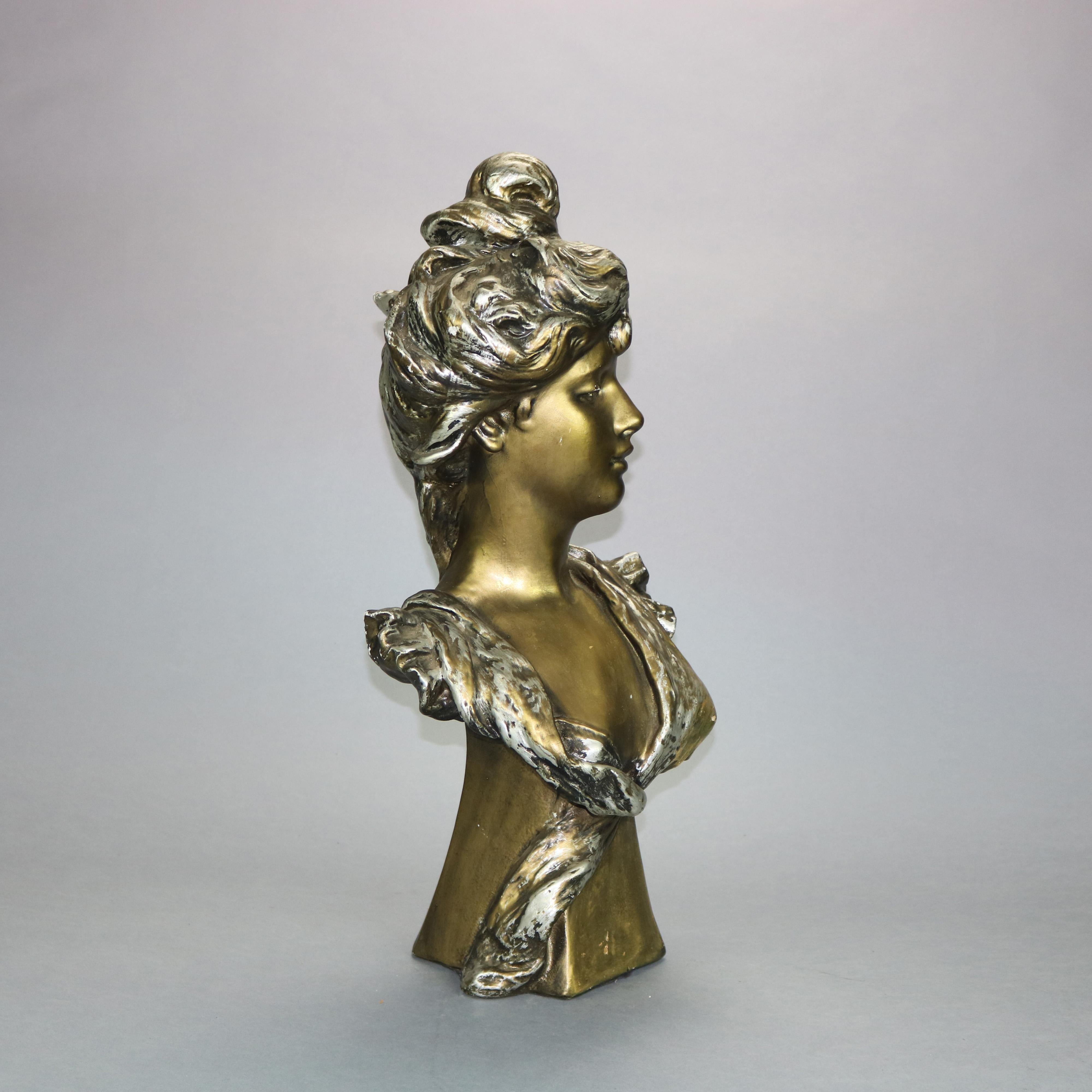 Antique Art Nouveau Gilt Plaster Portrait Bust Sculpture of Woman, Circa 1910 For Sale 1