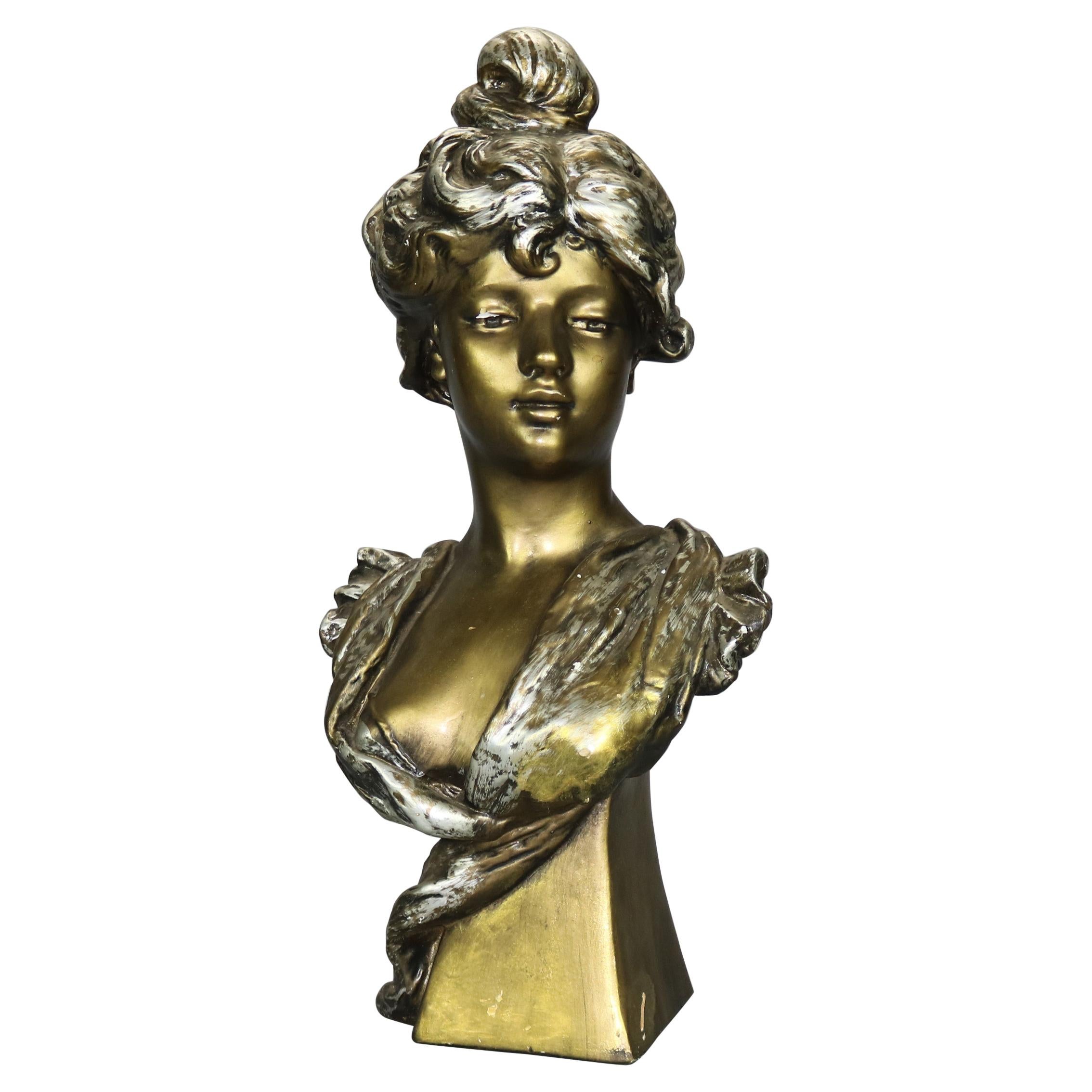 Antique Art Nouveau Gilt Plaster Portrait Bust Sculpture of Woman, Circa 1910
