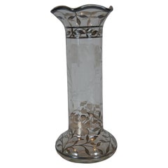 Antique Art Nouveau Glass & Sterling Silver Floral Overlay Flower Vase