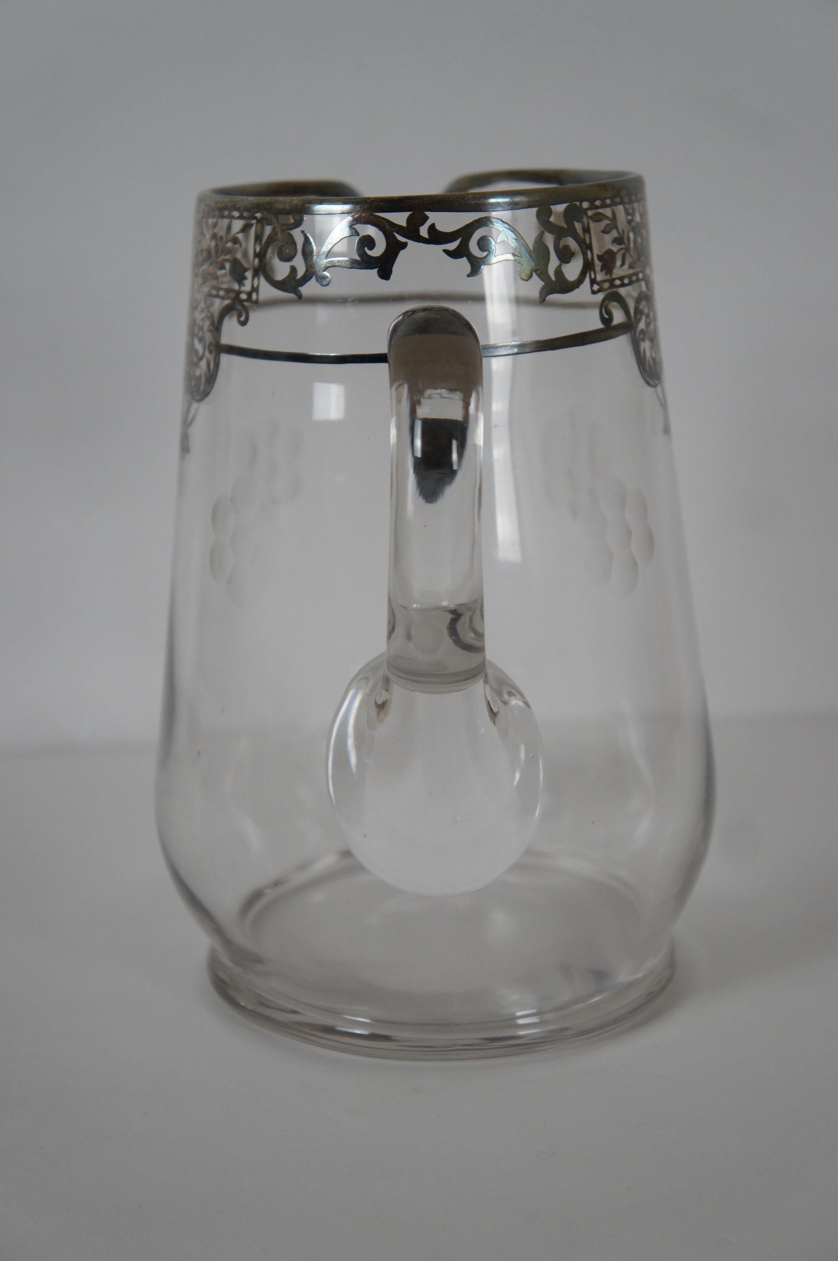 Antique Art Nouveau Glass Sterling Silver Overlay Floral Water Pitcher Jug 8