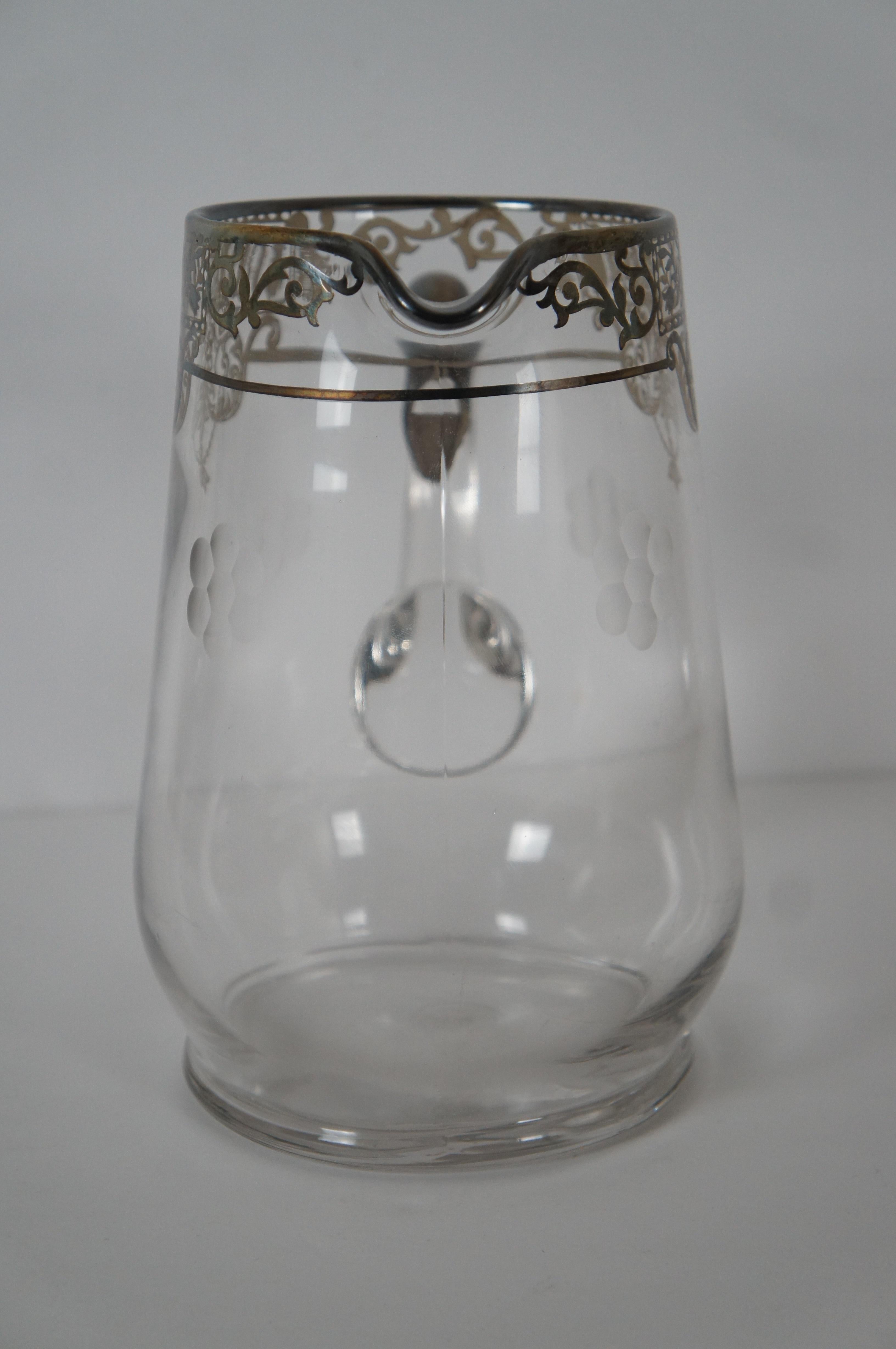 20th Century Antique Art Nouveau Glass Sterling Silver Overlay Floral Water Pitcher Jug 8