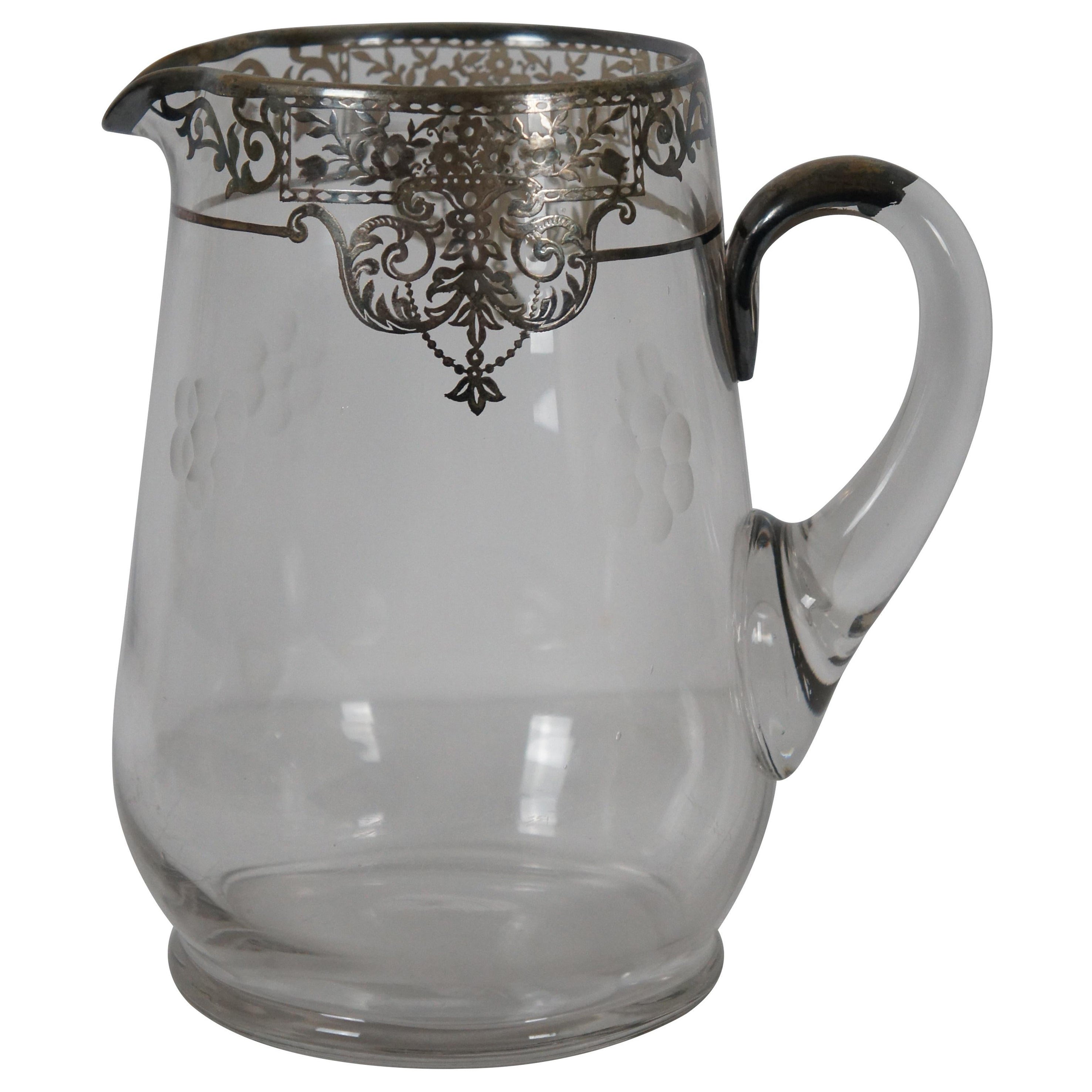 Antique Art Nouveau Verre Sterling Silver Overlay Floral Water Pitcher Jug 8" (pichet à eau)
