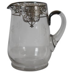 Antique Art Nouveau Verre Sterling Silver Overlay Floral Water Pitcher Jug 8" (pichet à eau)