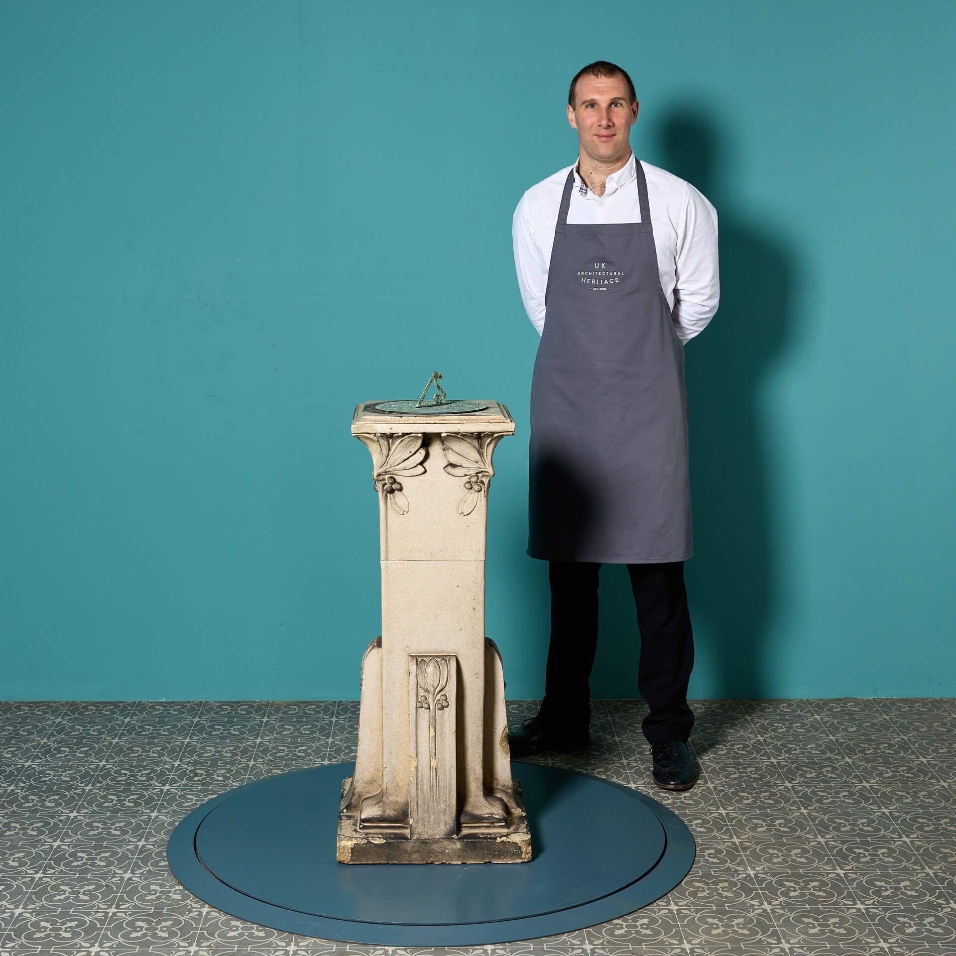 An elegant antique art nouveau glazed stoneware sundial circa 1900, likely Doulton or Leeds Fireclay Company (LEFCO). This sundial was reclaimed from a garden in Suffolk.

With its angular pedestal, buff toned glaze and art nouveau foliage and berry