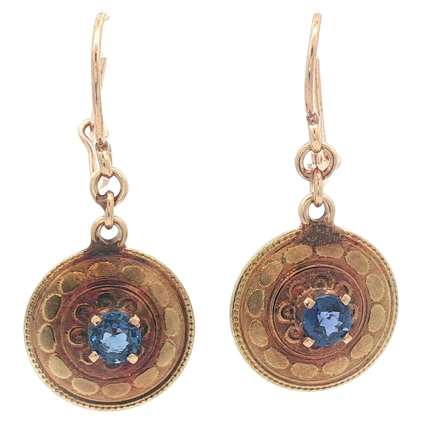 Antique Art Nouveau Gold 0.70ctw Round Sapphire Detailed Drop Dangle Earrings