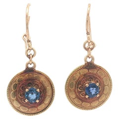 Antique Art Nouveau Gold 0.70ctw Round Sapphire Detailed Drop Dangle Earrings