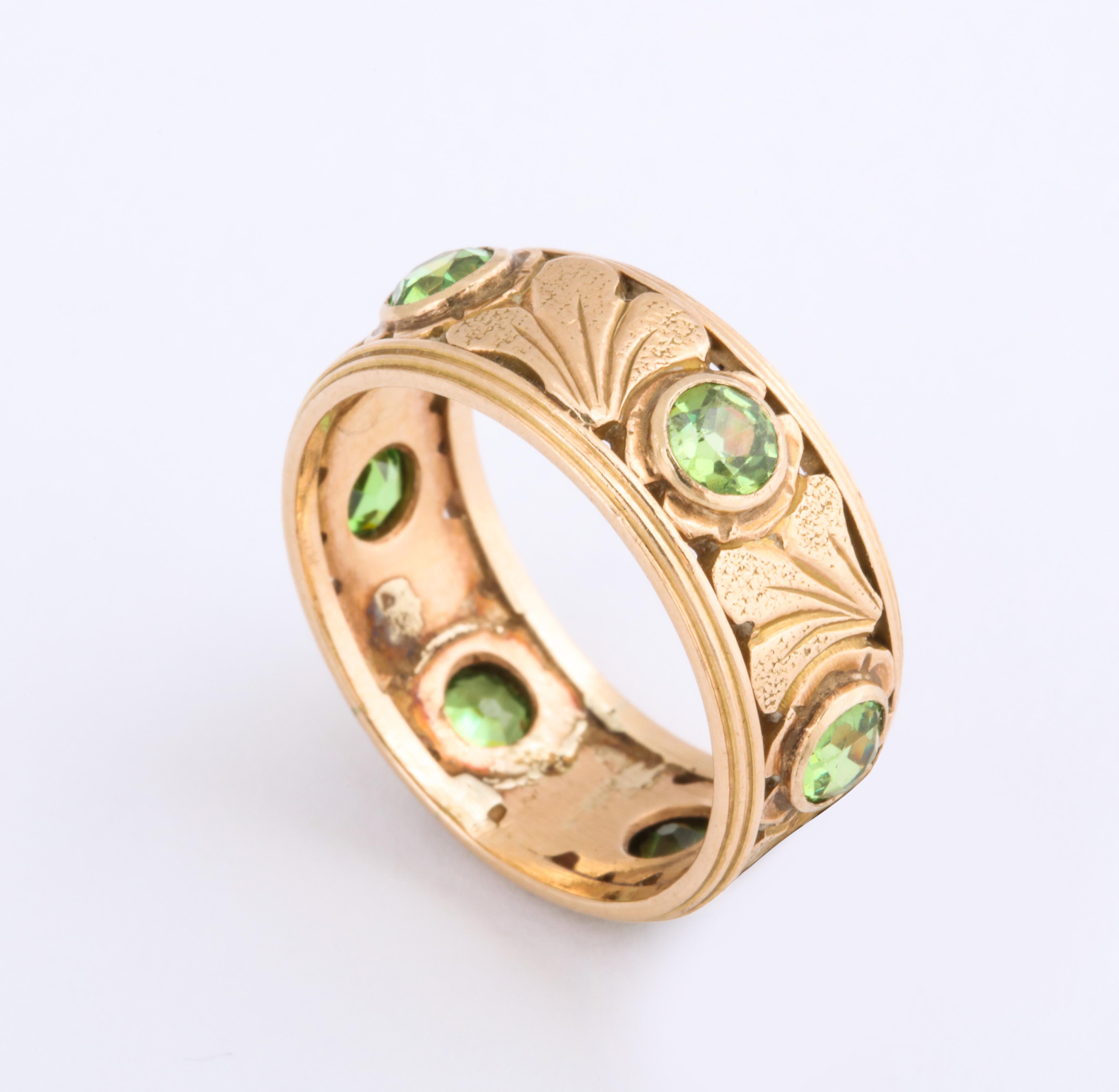 Round Cut Antique Art Nouveau Gold and Demantoid Ring with Ginko Leaves