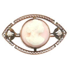 Antique Art Nouveau Gold Cameo Portrait Seed Pearl Filigree Pin Brooch