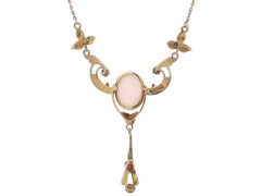 Antique Art Nouveau Gold Carved Cameo Red Stones Drop Lavalier Necklace