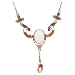 Antique Art Nouveau Gold Carved Cameo Red Stones Drop Lavalier Necklace