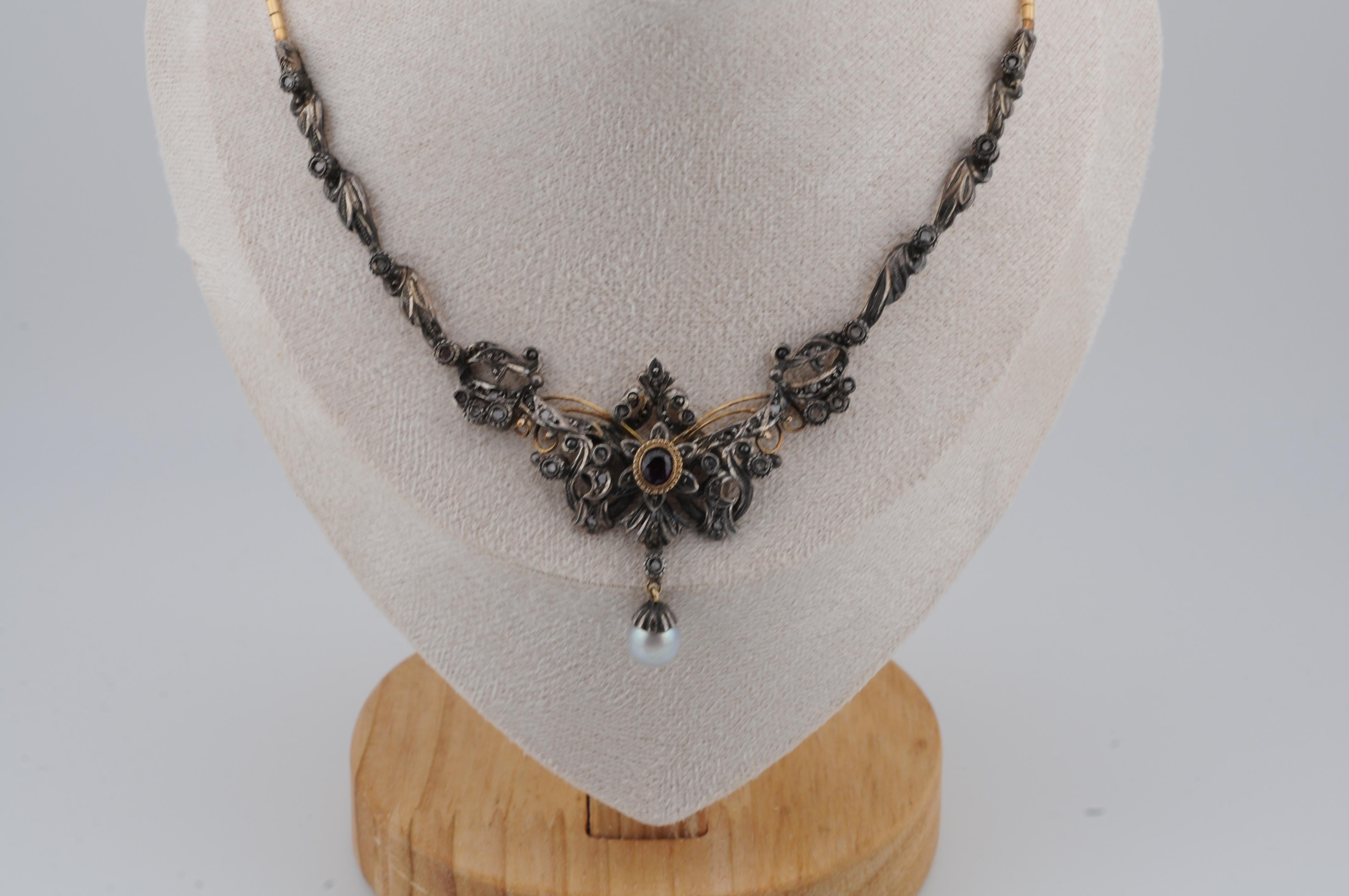 Antike Jugendstil-Goldkette aus Gold mit Rubin-Diamant und Perle (Gemischter Schliff) im Angebot