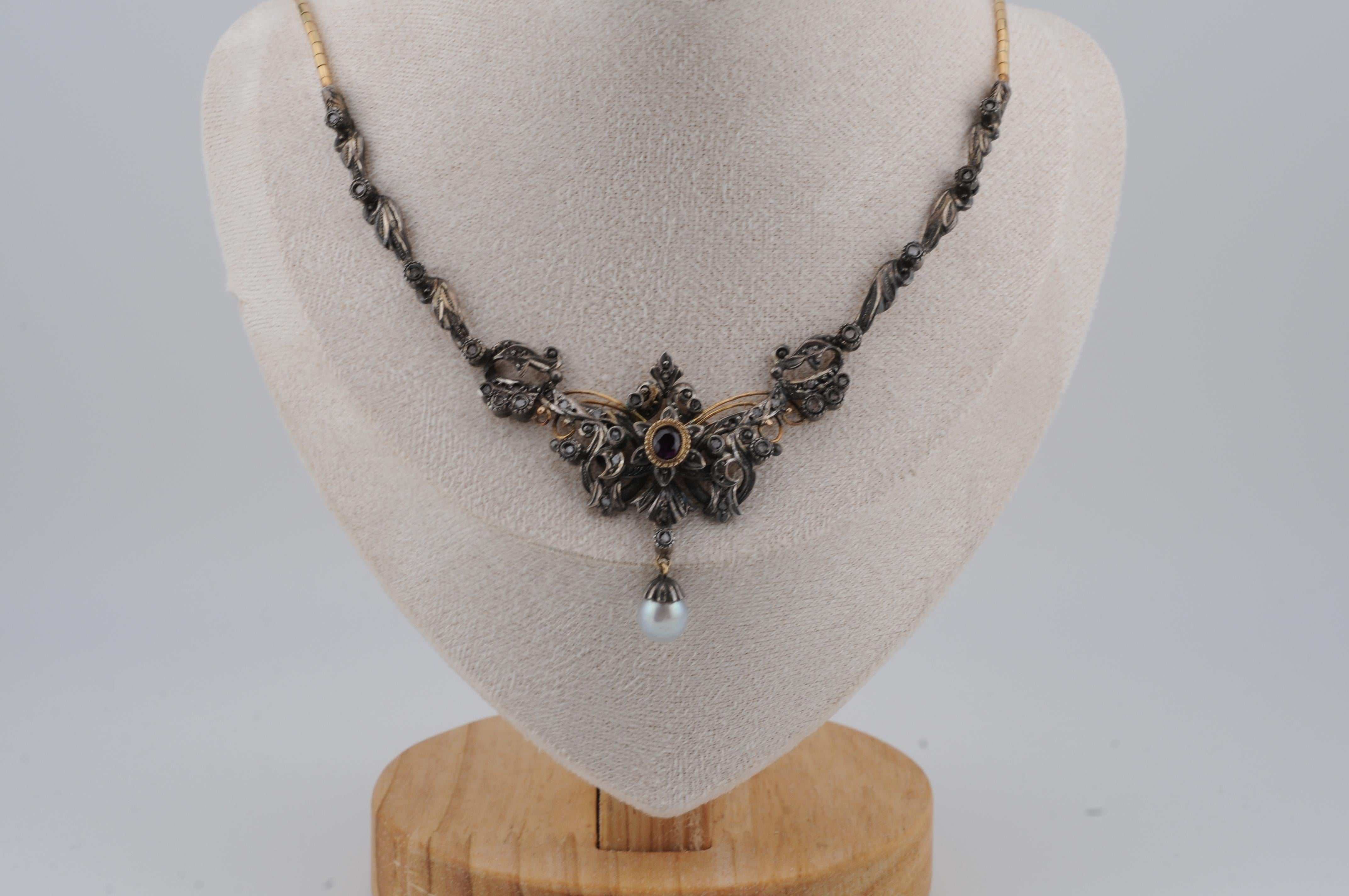Antike Jugendstil-Goldkette aus Gold mit Rubin-Diamant und Perle im Zustand „Gut“ im Angebot in Berlin, BE