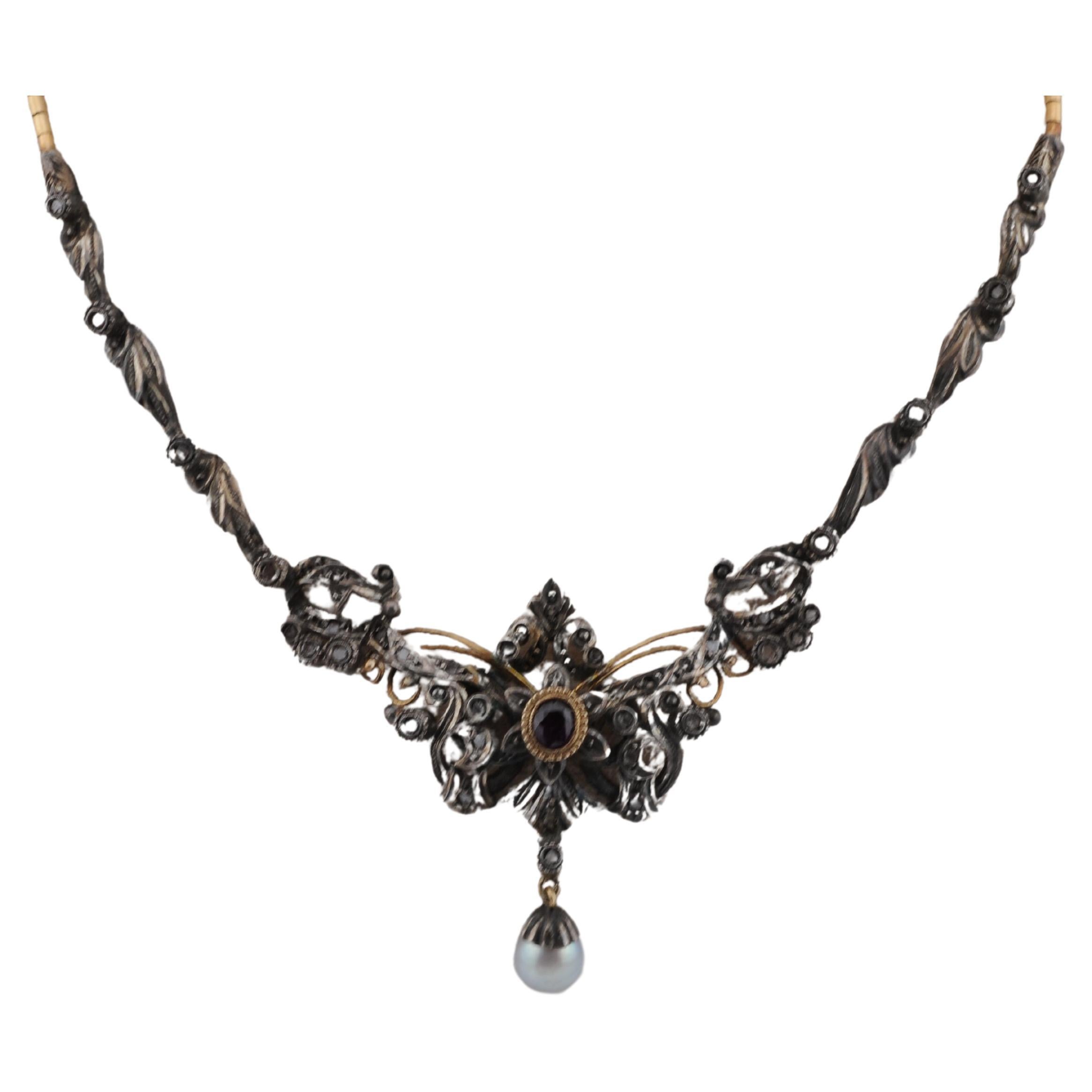 Antike Jugendstil-Goldkette aus Gold mit Rubin-Diamant und Perle im Angebot