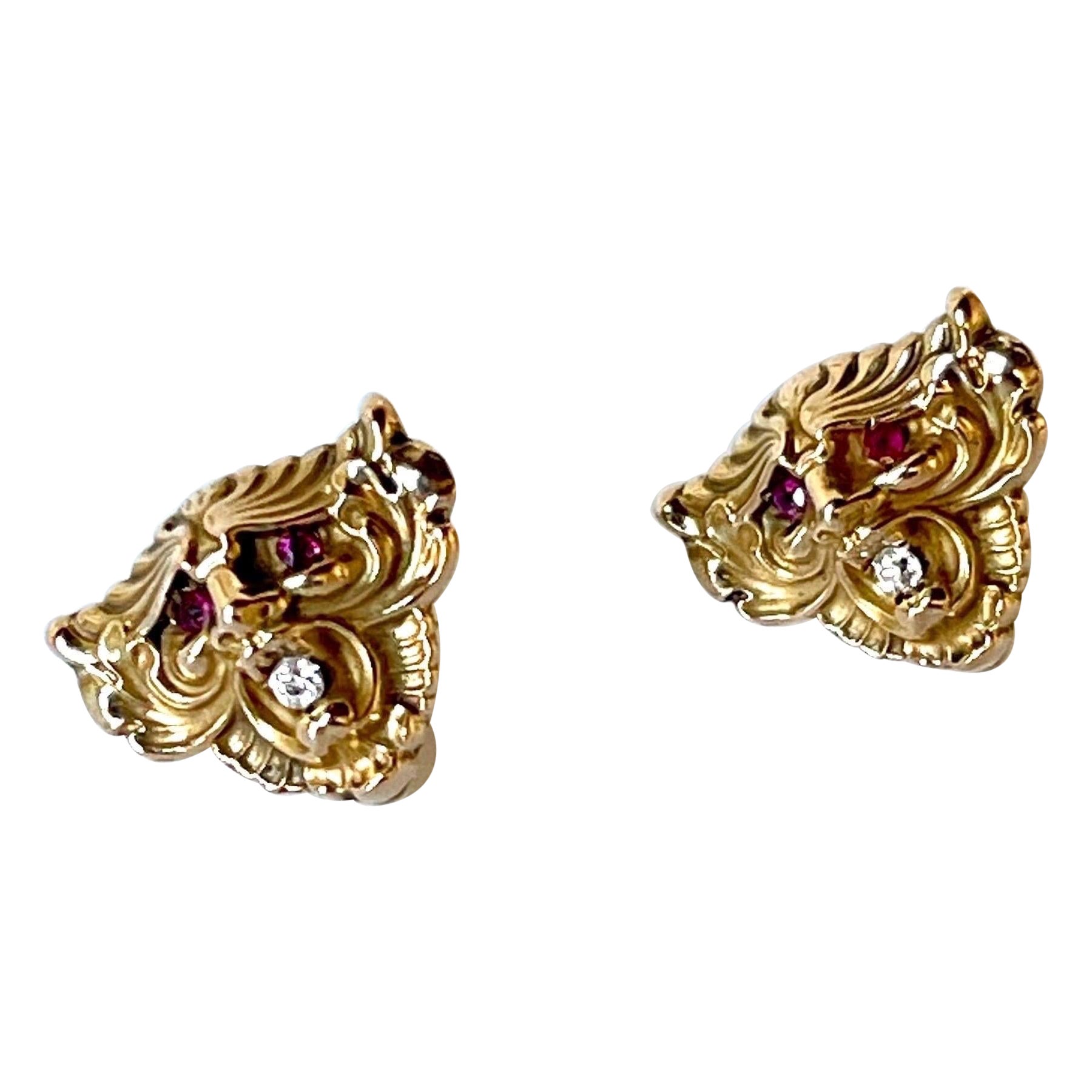 Antike Jugendstil-Ohrstecker, Gold, Diamant, Rubin, Löwenkopf, C 1900
