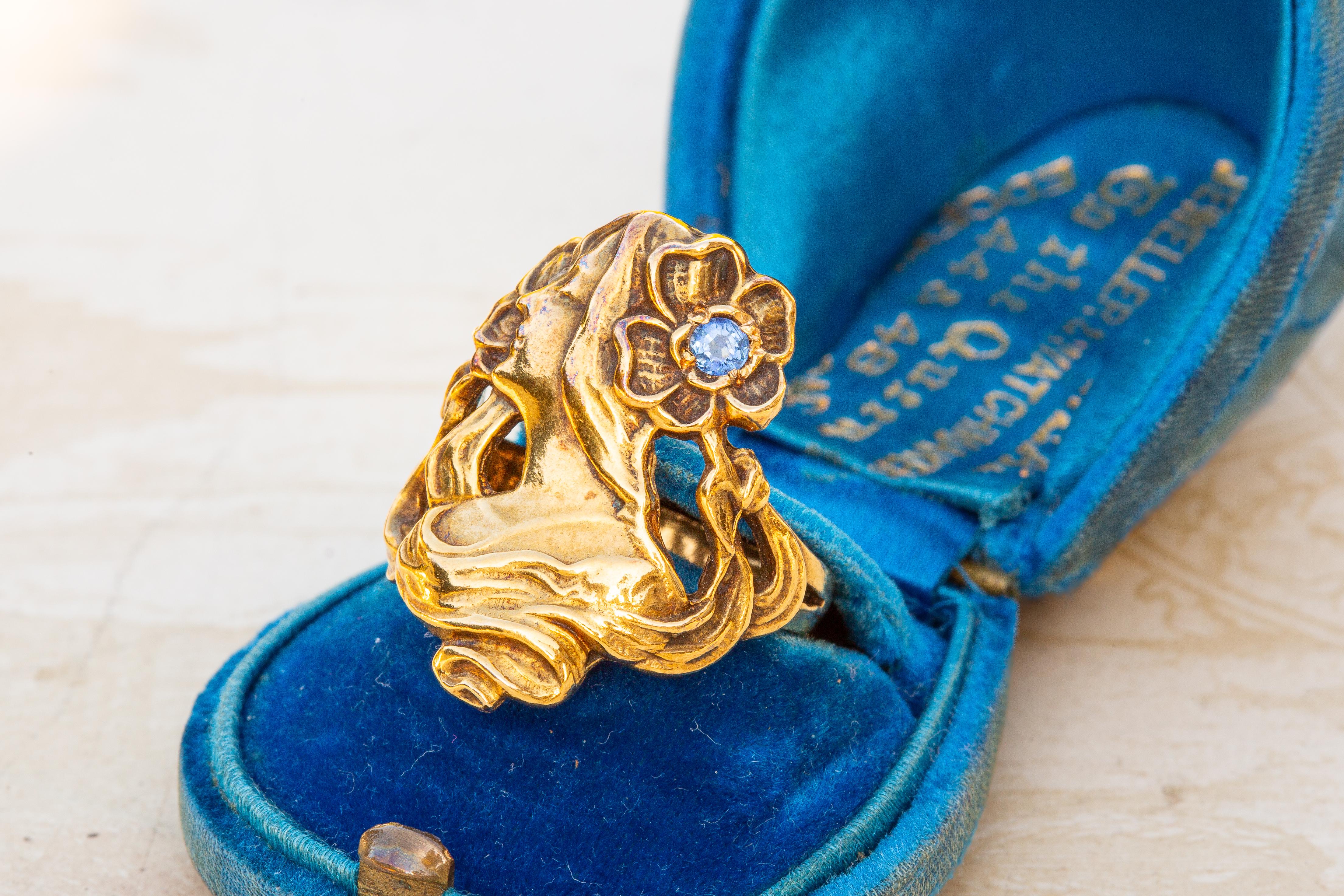 Antique Art Nouveau Gold Figural Sapphire Woman Face Ring For Sale 5