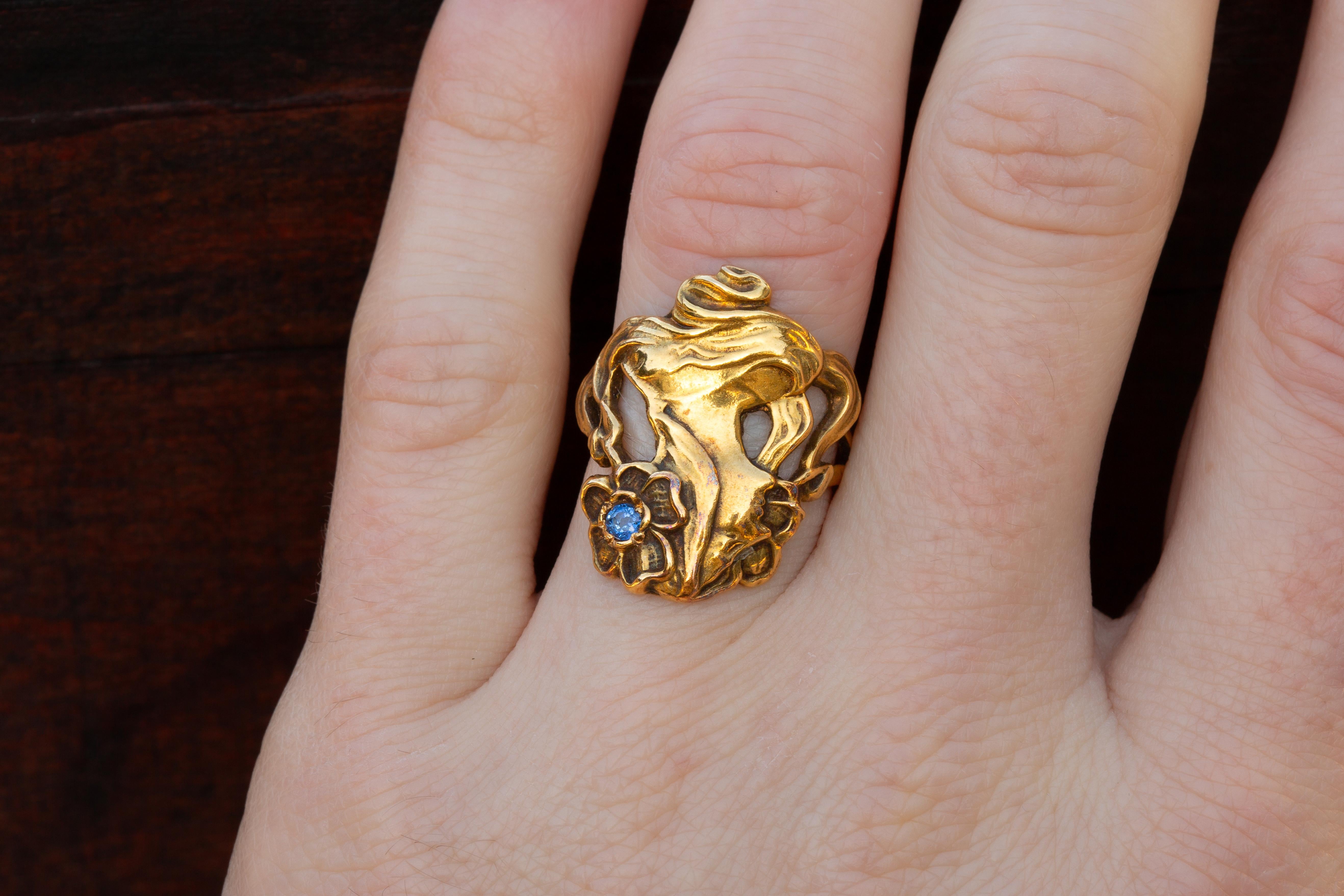 Antique Art Nouveau Gold Figural Sapphire Woman Face Ring For Sale 6