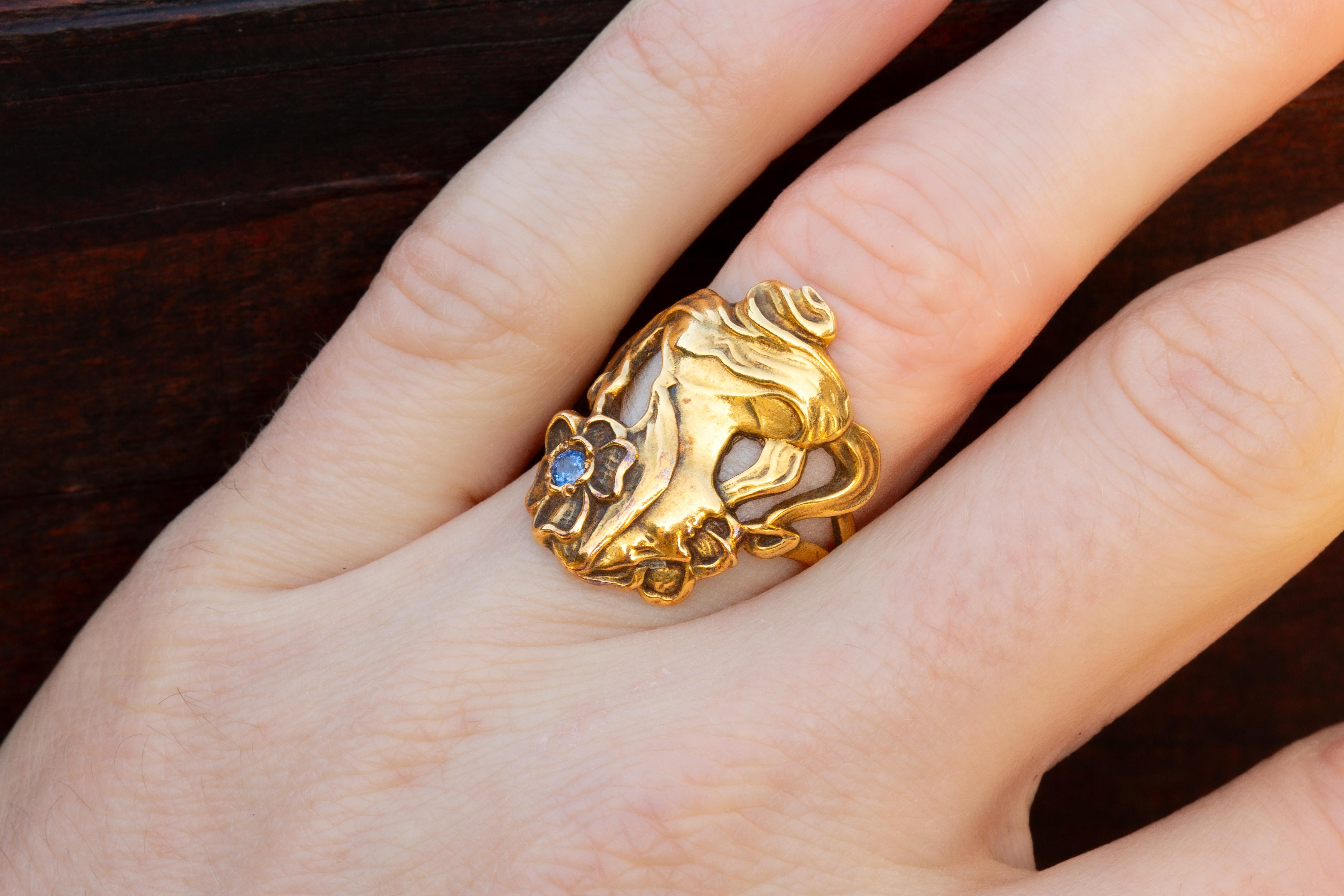 Antique Art Nouveau Gold Figural Sapphire Woman Face Ring For Sale 7