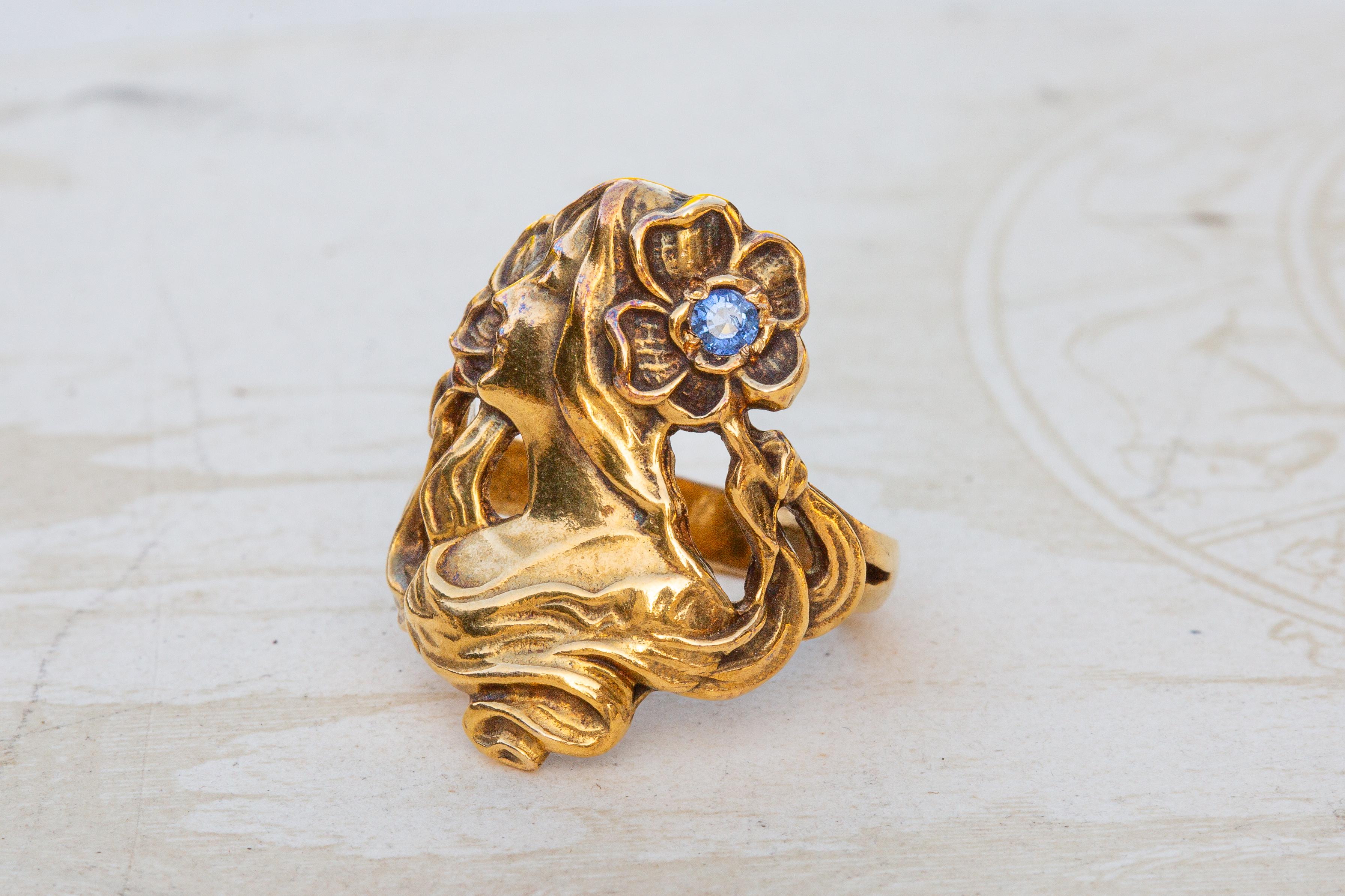 Round Cut Antique Art Nouveau Gold Figural Sapphire Woman Face Ring For Sale