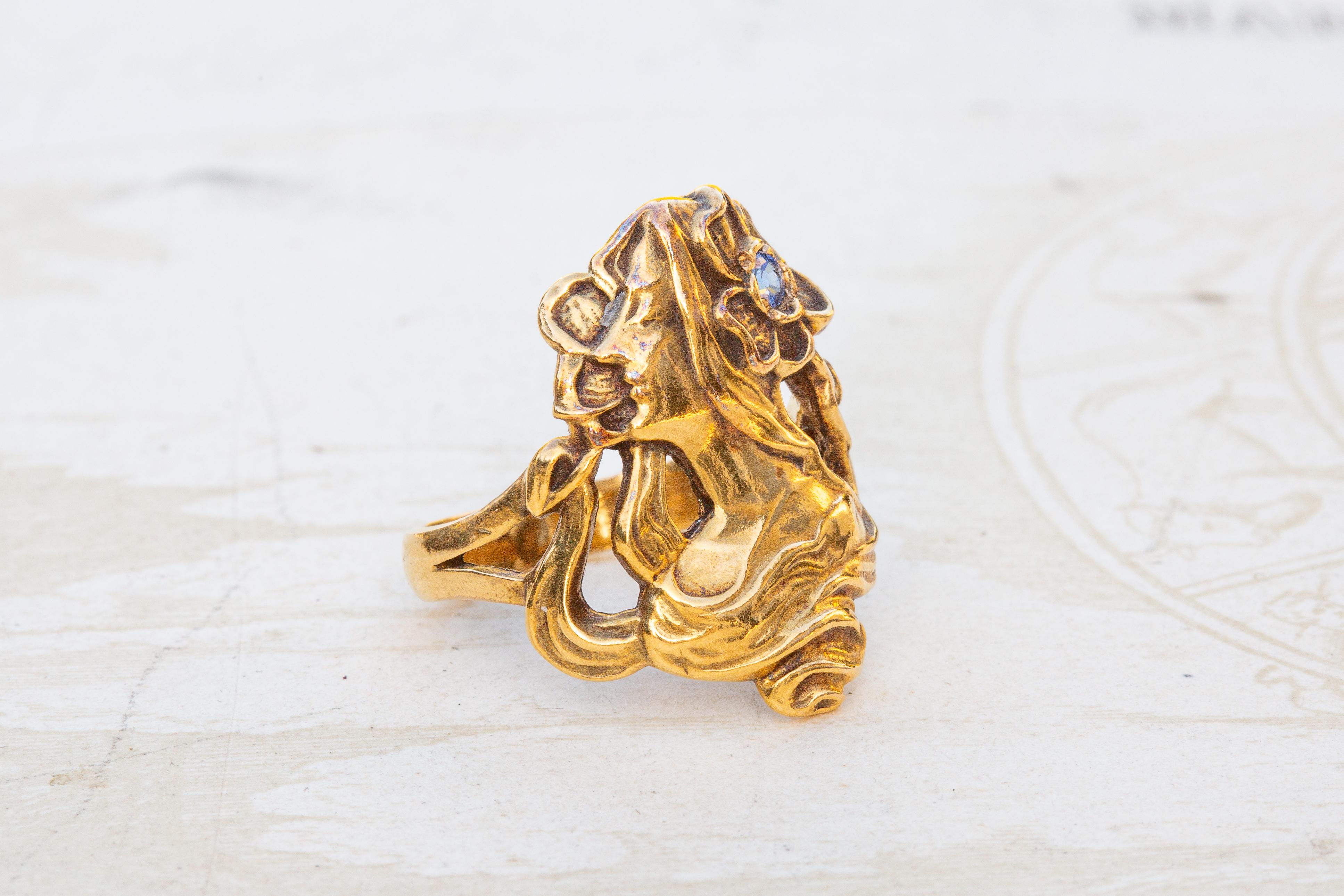 Antique Art Nouveau Gold Figural Sapphire Woman Face Ring For Sale 1