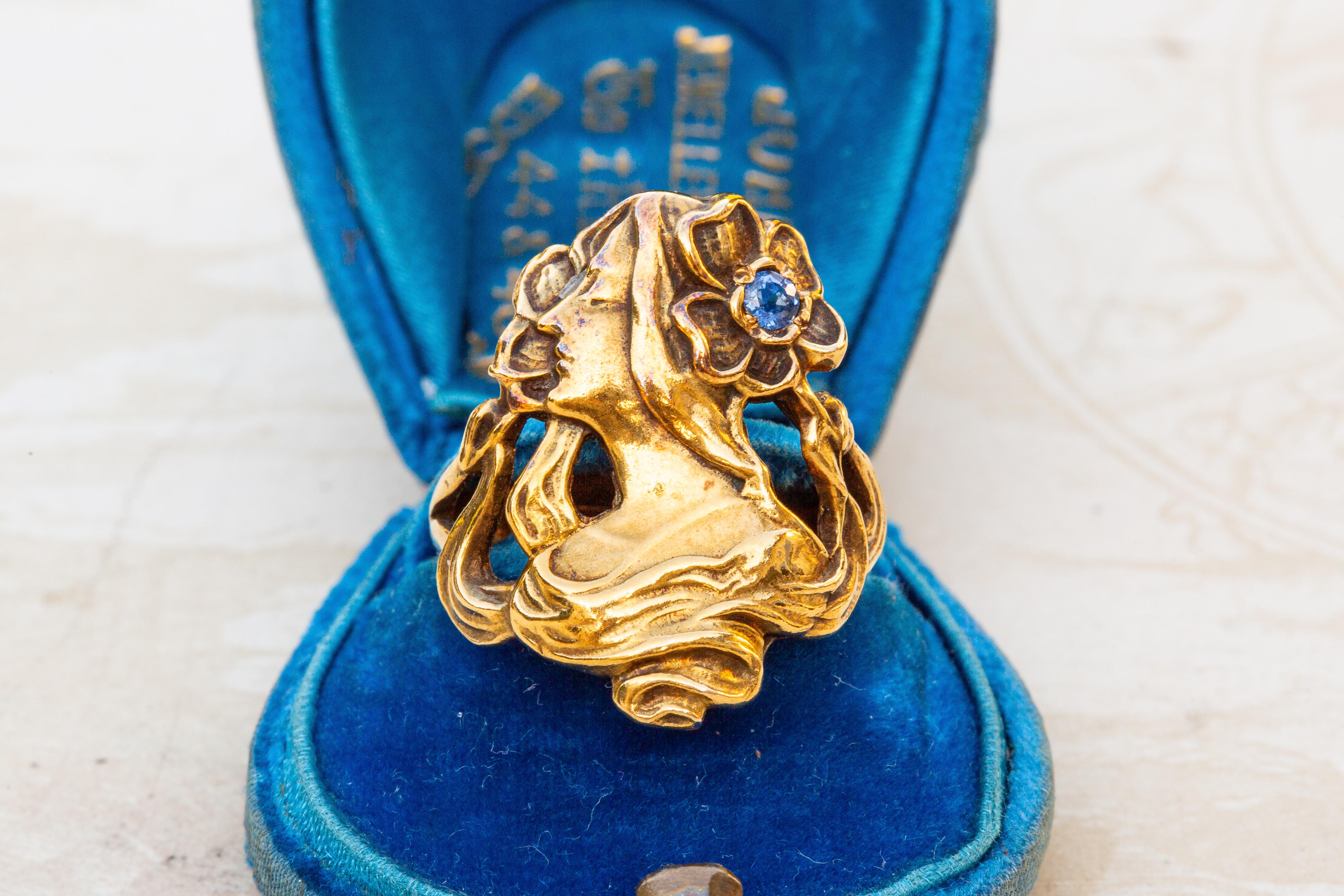 Antique Art Nouveau Gold Figural Sapphire Woman Face Ring For Sale 3