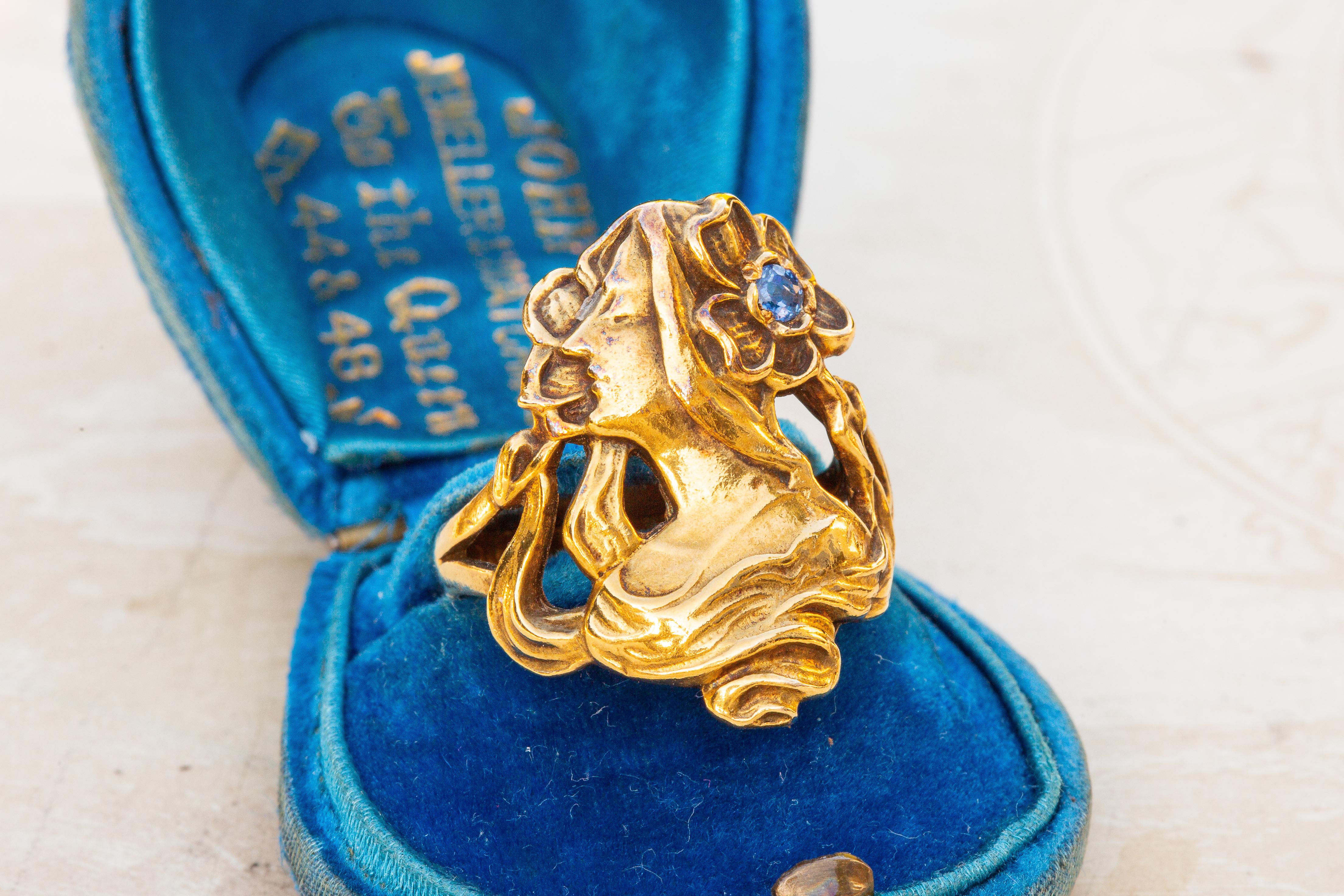 Antique Art Nouveau Gold Figural Sapphire Woman Face Ring For Sale 4
