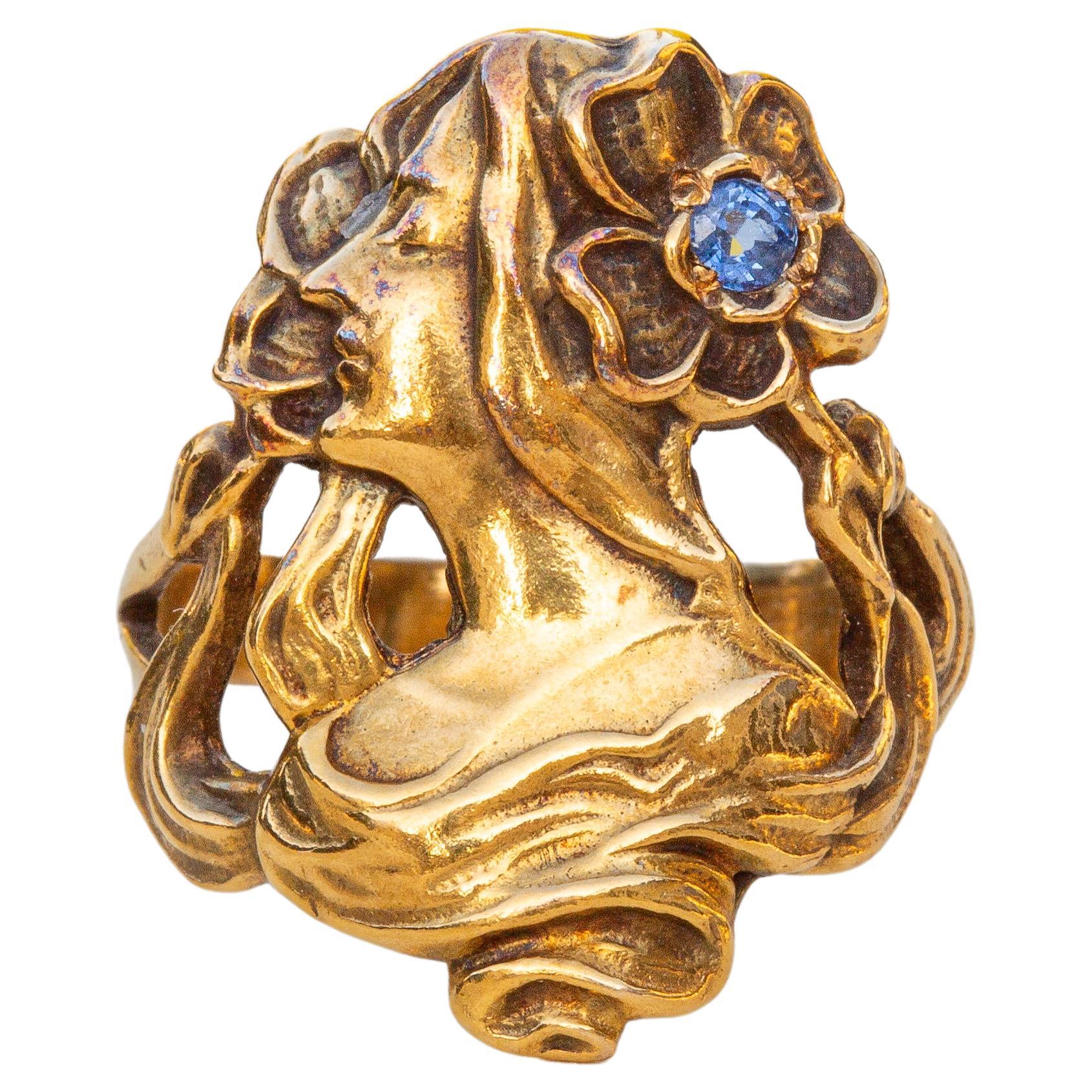 Antique Art Nouveau Gold Figural Sapphire Woman Face Ring For Sale