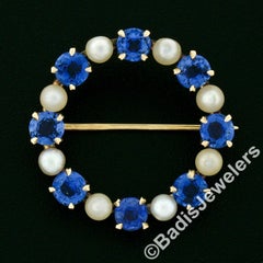 Antique Art Nouveau Gold GIA No Heat Montana Sapphire Pearl Wreath Brooch