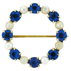 Antique Art Nouveau Gold GIA No Heat Montana Sapphire Pearl Wreath Brooch