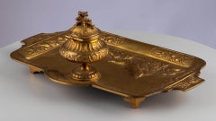 Antique Art Nouveau Gold Gilt Bronze Ormolu Inkstand Inkwell Office Desk Decor