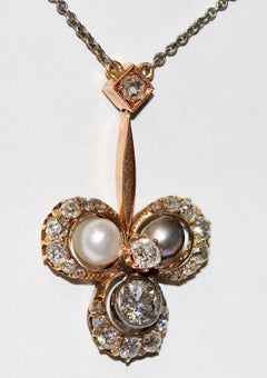 Antiguo Collar Art Nouveau de Oro, Colgante, con Diamantes y Perlas Naturales