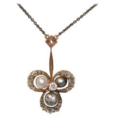 Antique Art Nouveau Gold Necklace, Pendant, with Diamonds and Natural Pearls