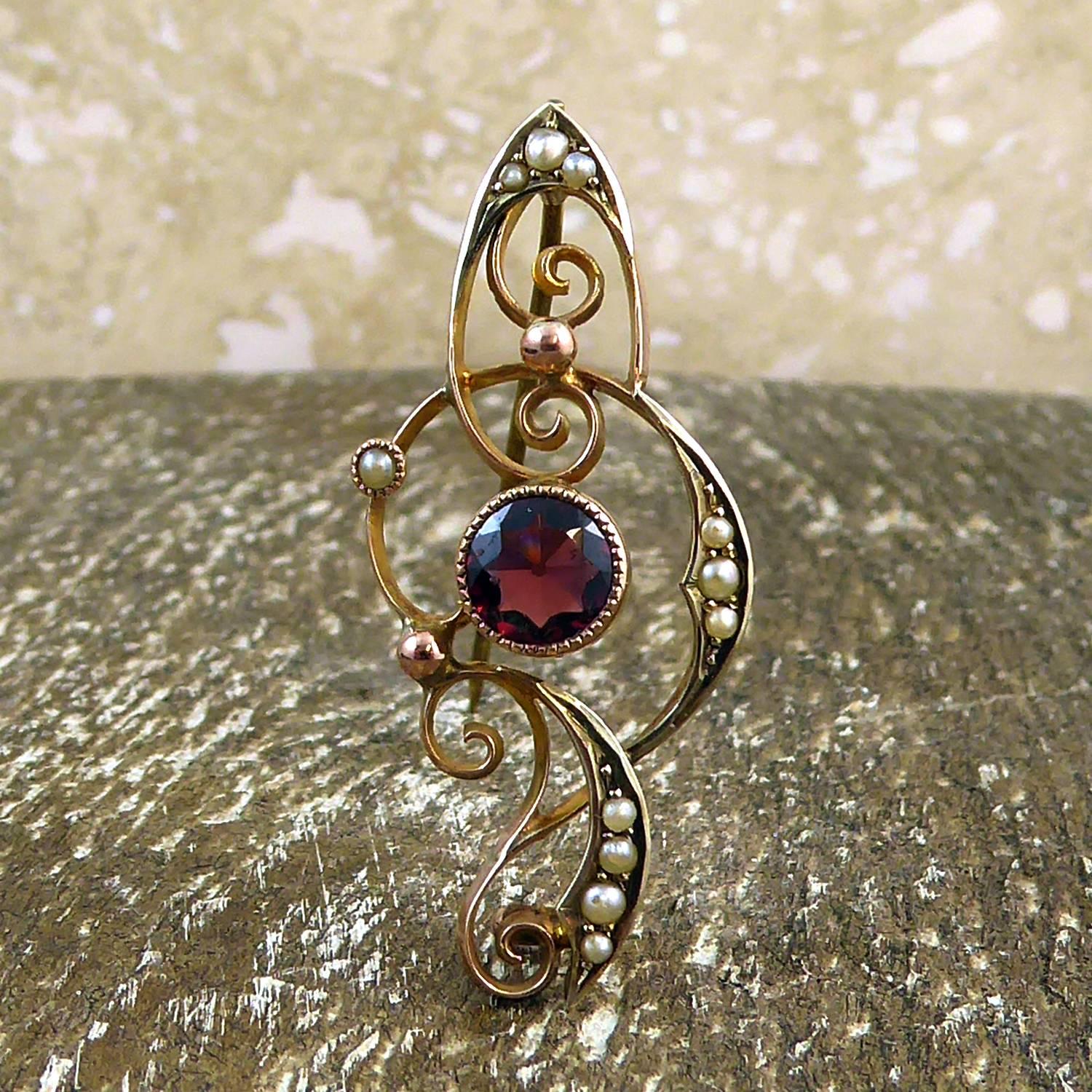 Round Cut Antique Art Nouveau Gold Pin, Garnet and Seed Pearls, Rose and Yellow Gold