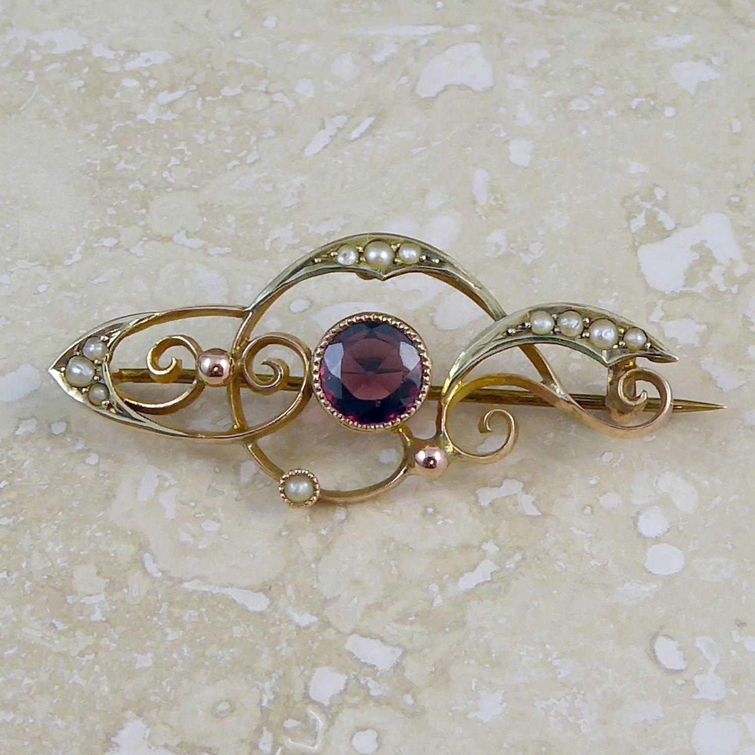 Antique Art Nouveau Gold Pin, Garnet and Seed Pearls, Rose and Yellow Gold 1