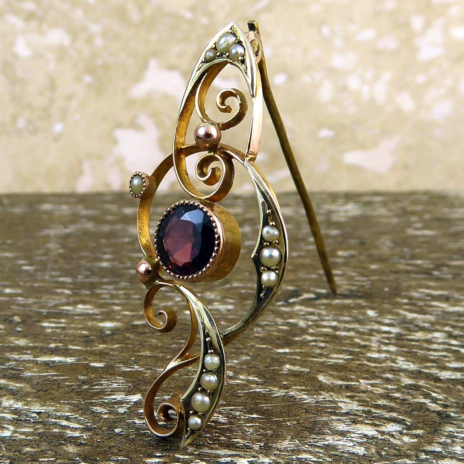 Antique Art Nouveau Gold Pin, Garnet and Seed Pearls, Rose and Yellow Gold 2