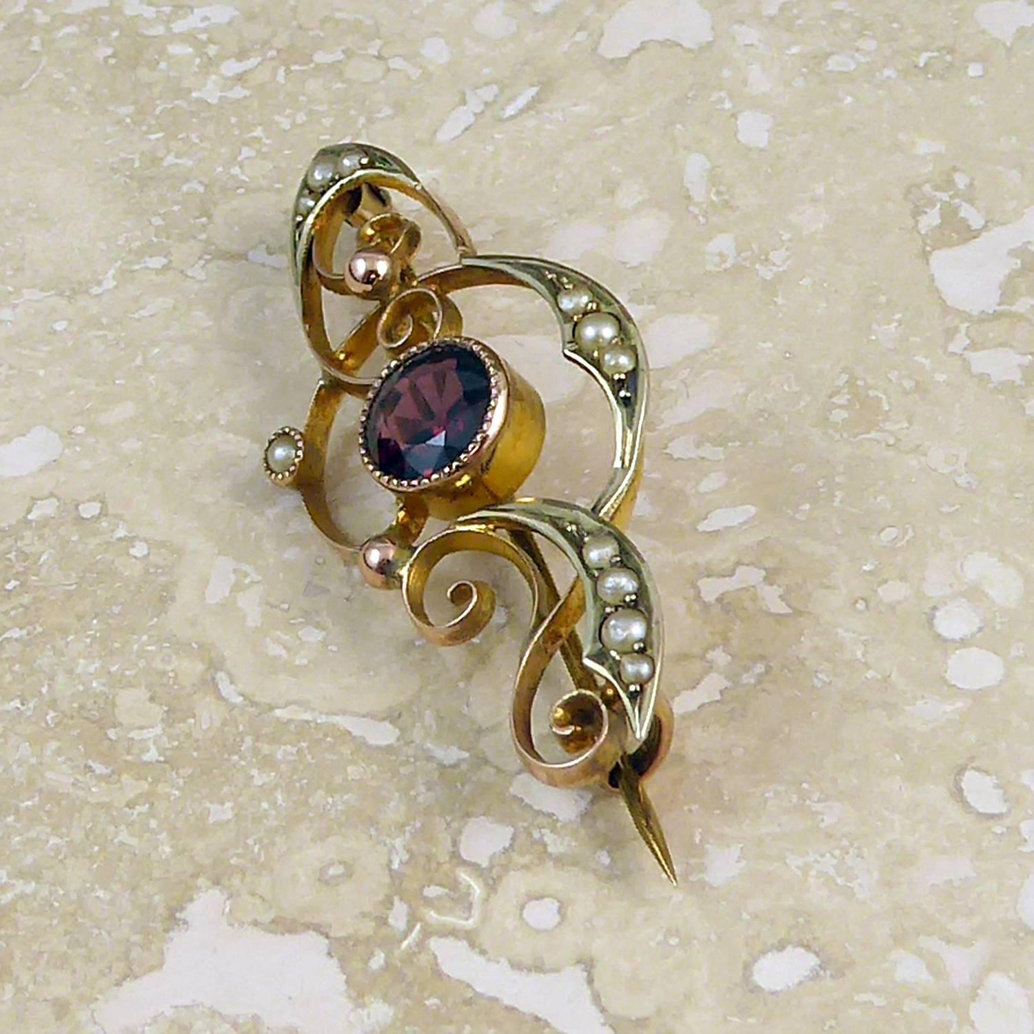 Antique Art Nouveau Gold Pin, Garnet and Seed Pearls, Rose and Yellow Gold 3