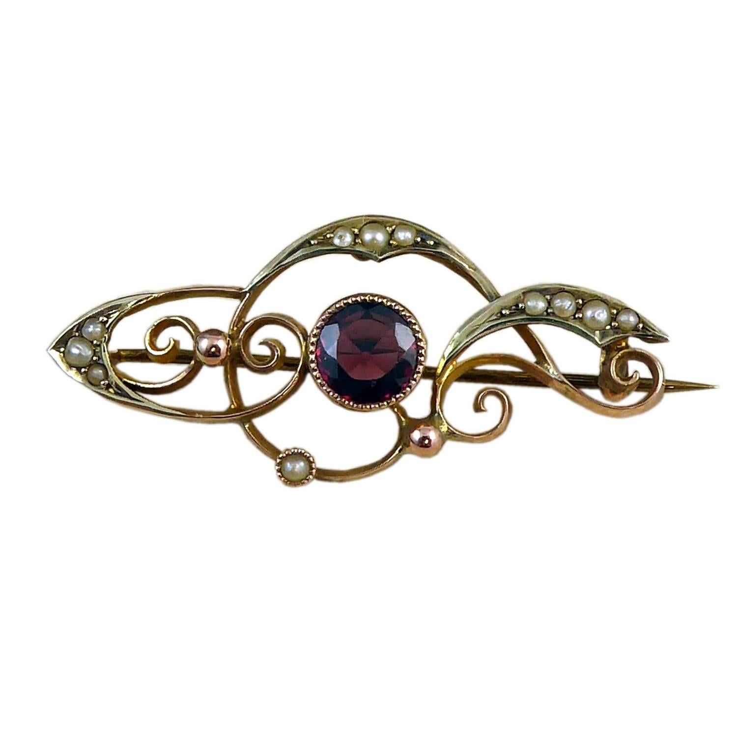 Antique Art Nouveau Gold Pin, Garnet and Seed Pearls, Rose and Yellow Gold