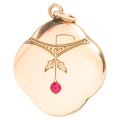 Antique Art Nouveau Gold Plated Engraved Pendant With A Ruby