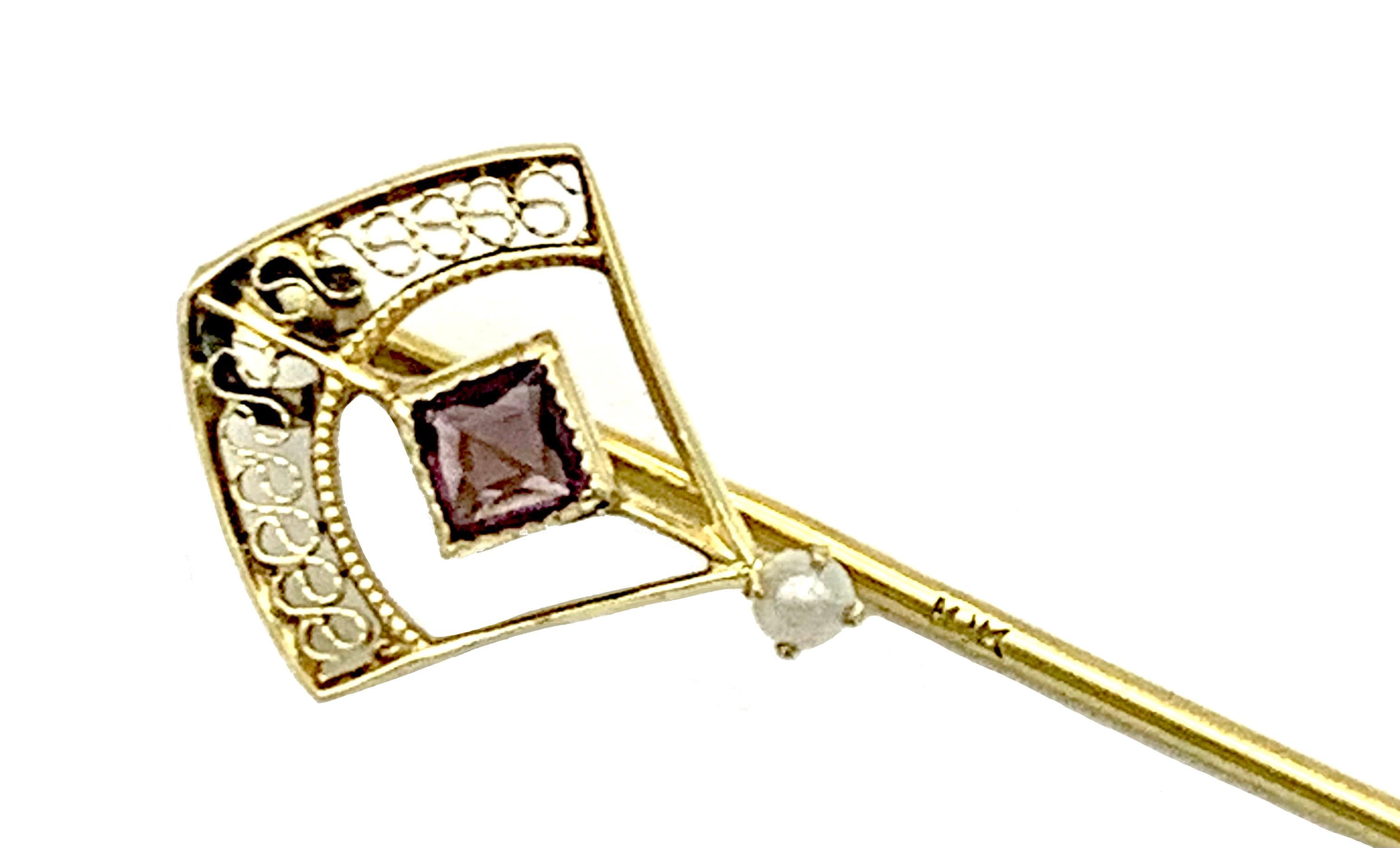 Men's Antique Art Nouveau Gold Stickpin Tie Pin Square Cut Amethyst Pearl For Sale