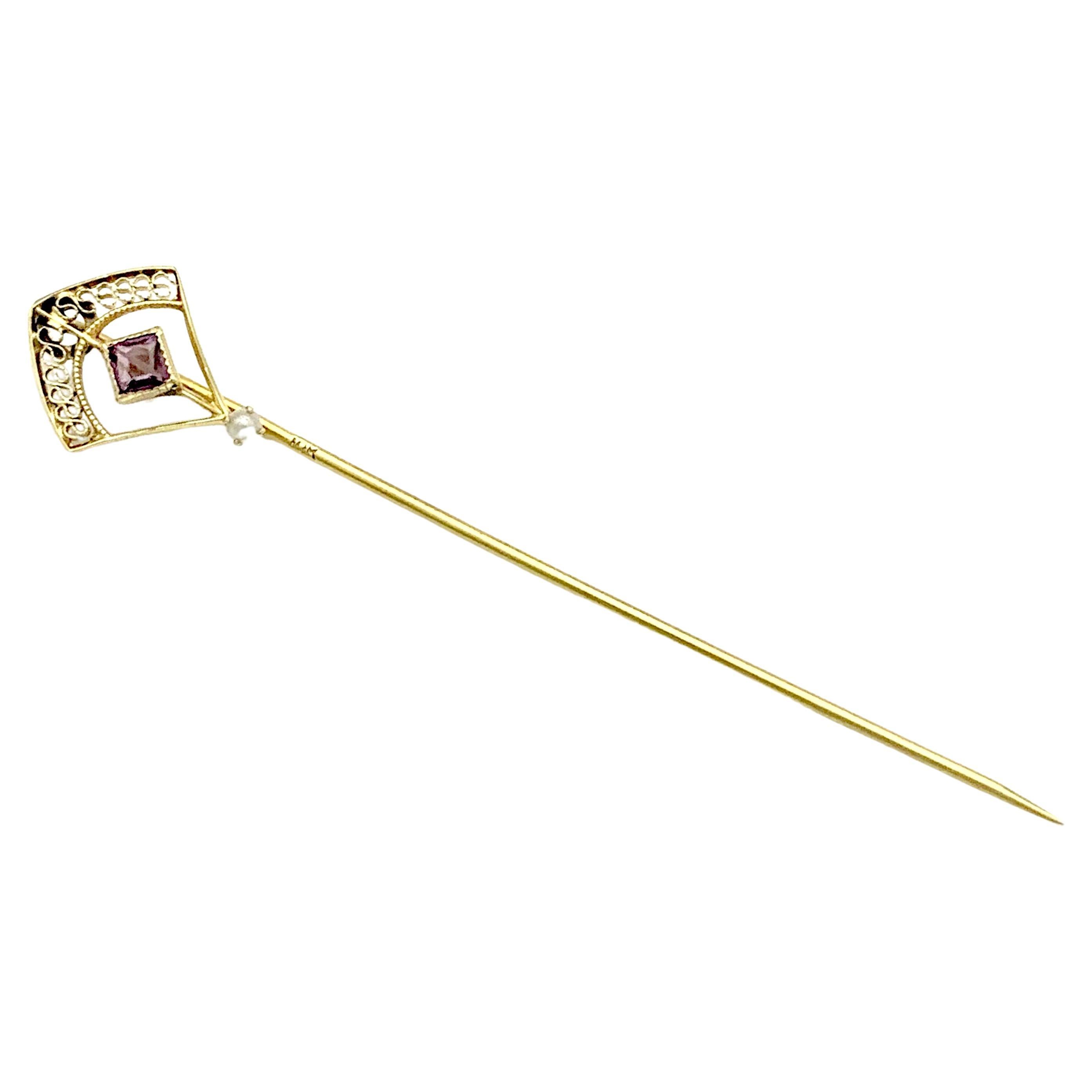 Antike Jugendstil-Krawattennadel, Gold, Stickpin, quadratisch geschliffen, Amethyst, Perle