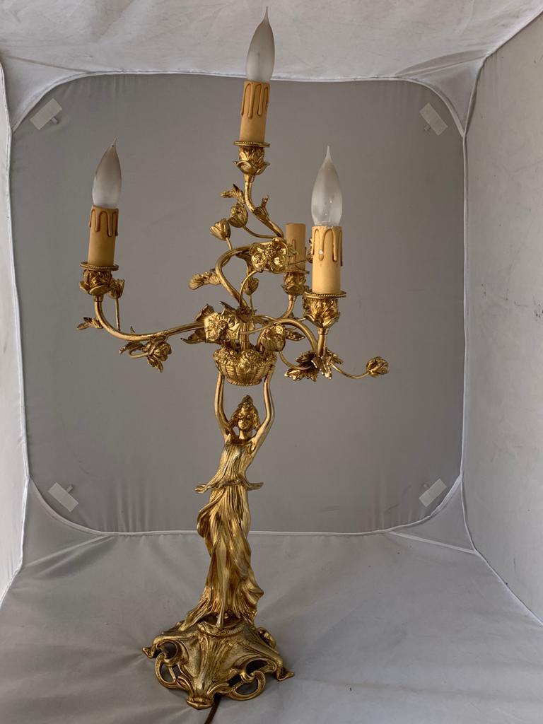 French Antique Art Nouveau Golden Bronze Table Lamp For Sale