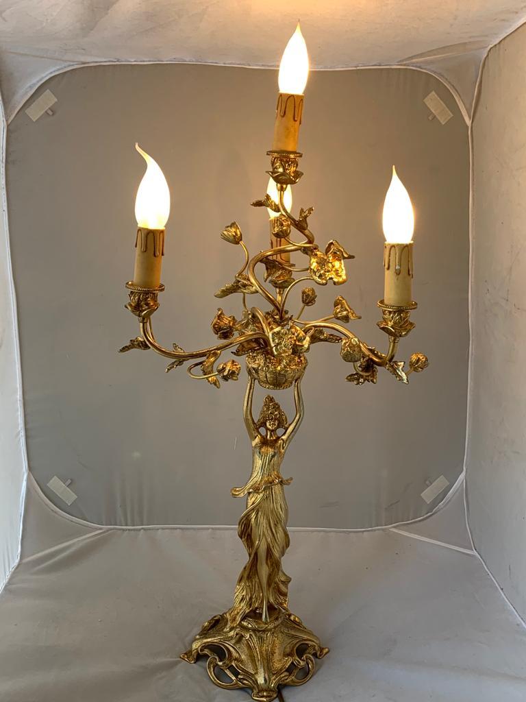 Antique Art Nouveau Golden Bronze Table Lamp In Good Condition For Sale In Montelabbate, PU